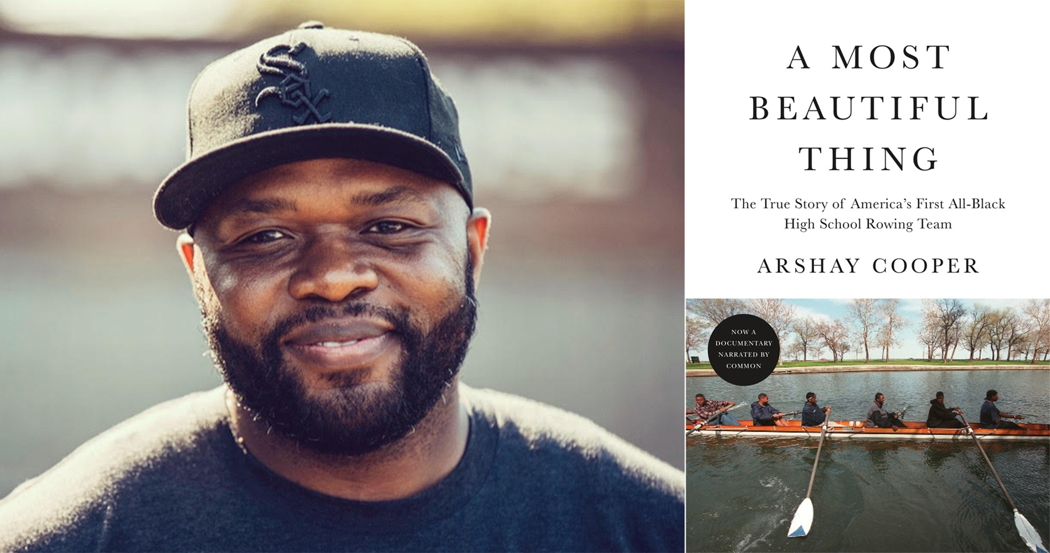author photo of arshay cooper (left) and the cover of his book a most beautiful thing (right)