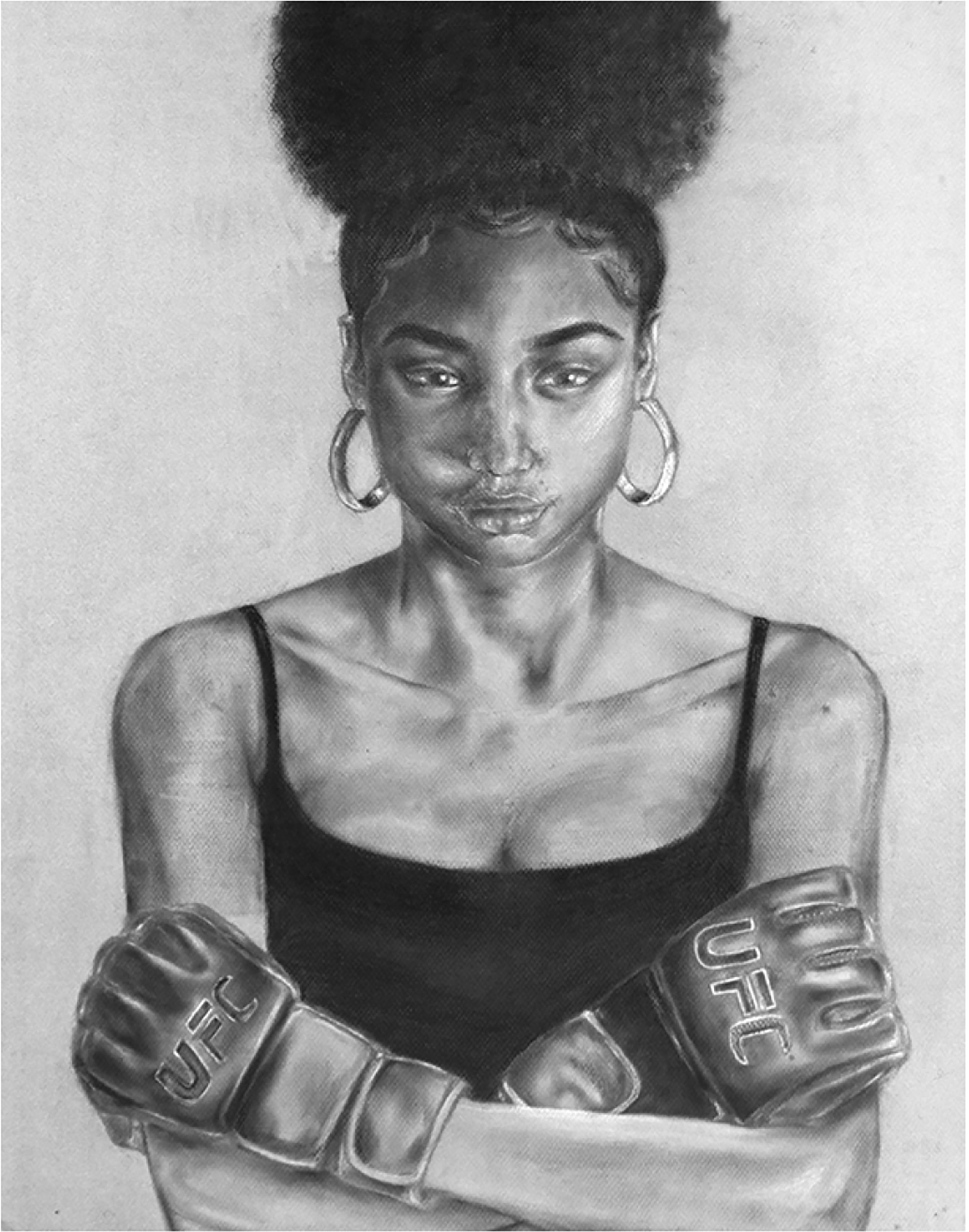 Black and white self-portrait of the artist from the waist up, a young black woman, wearing a tank top with her arms folded and boxing gloves on her hands