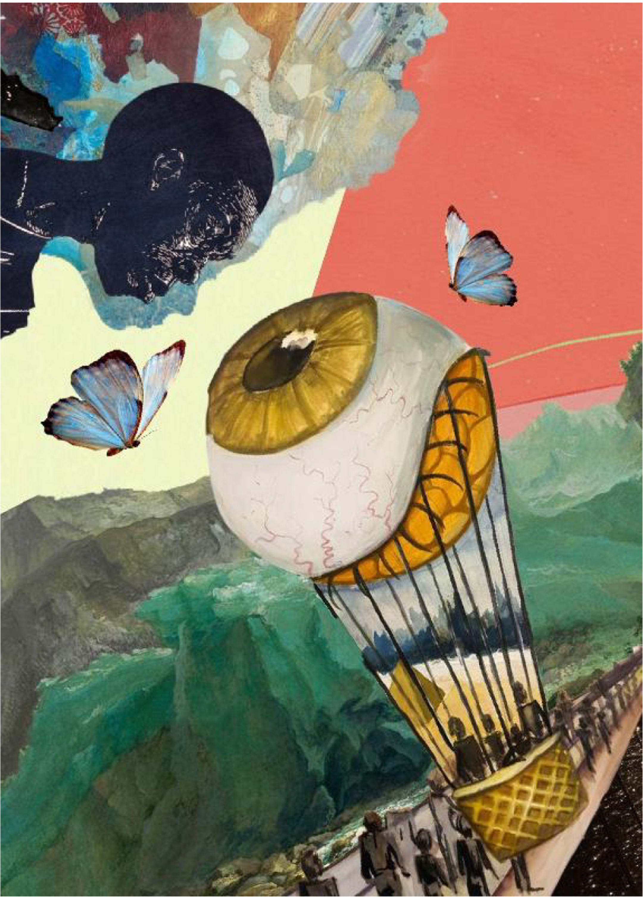Illustrative collage of a young black man looking at a hot air balloon with a giant eye on the top of it