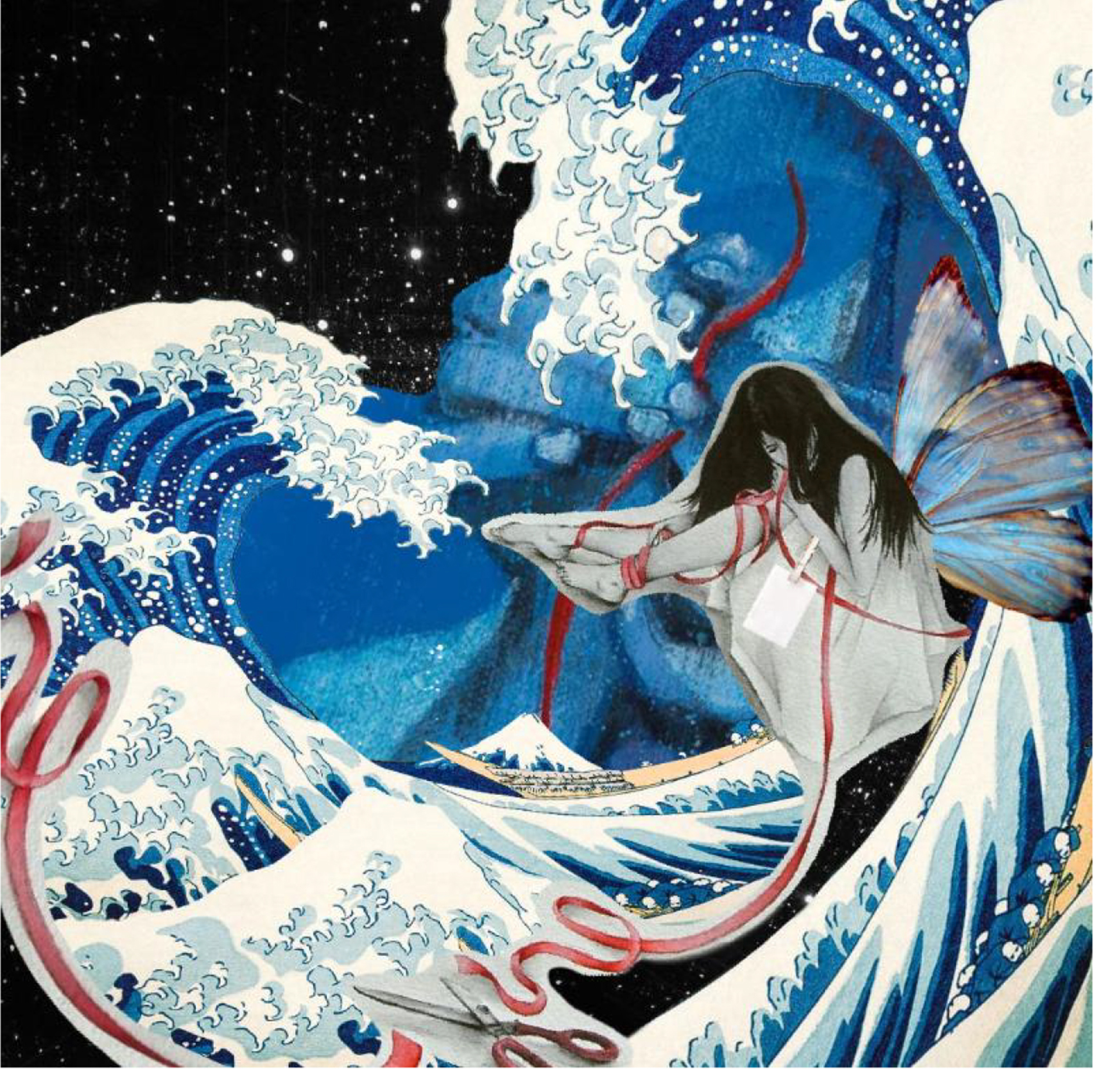 Illustrative collage of a young woman crouching in large blue waves