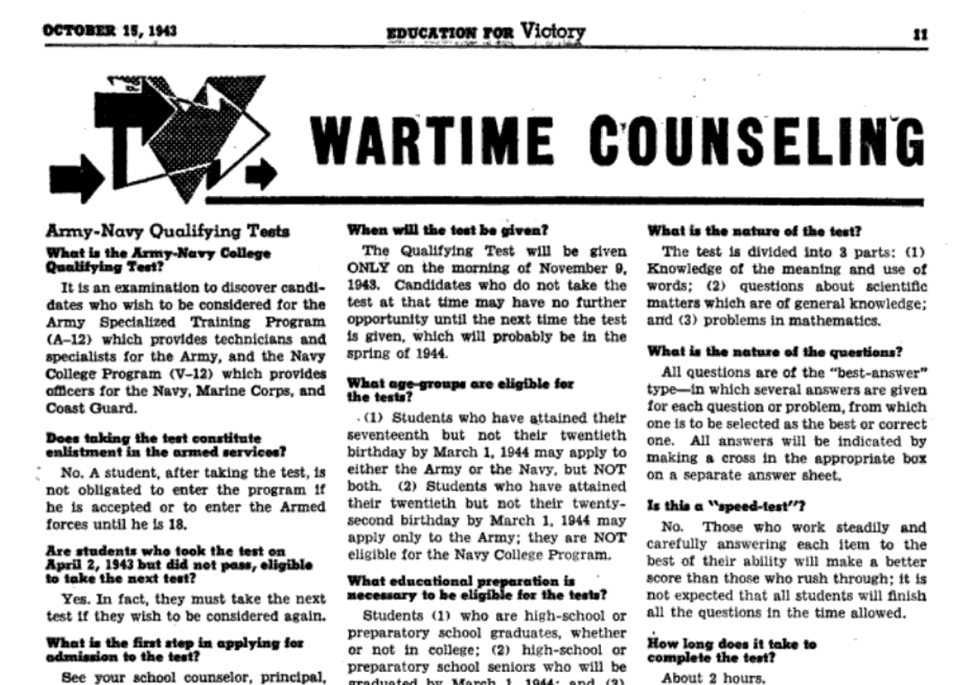 a screenshot of a page from the publication education for victory that reads wartime counseling