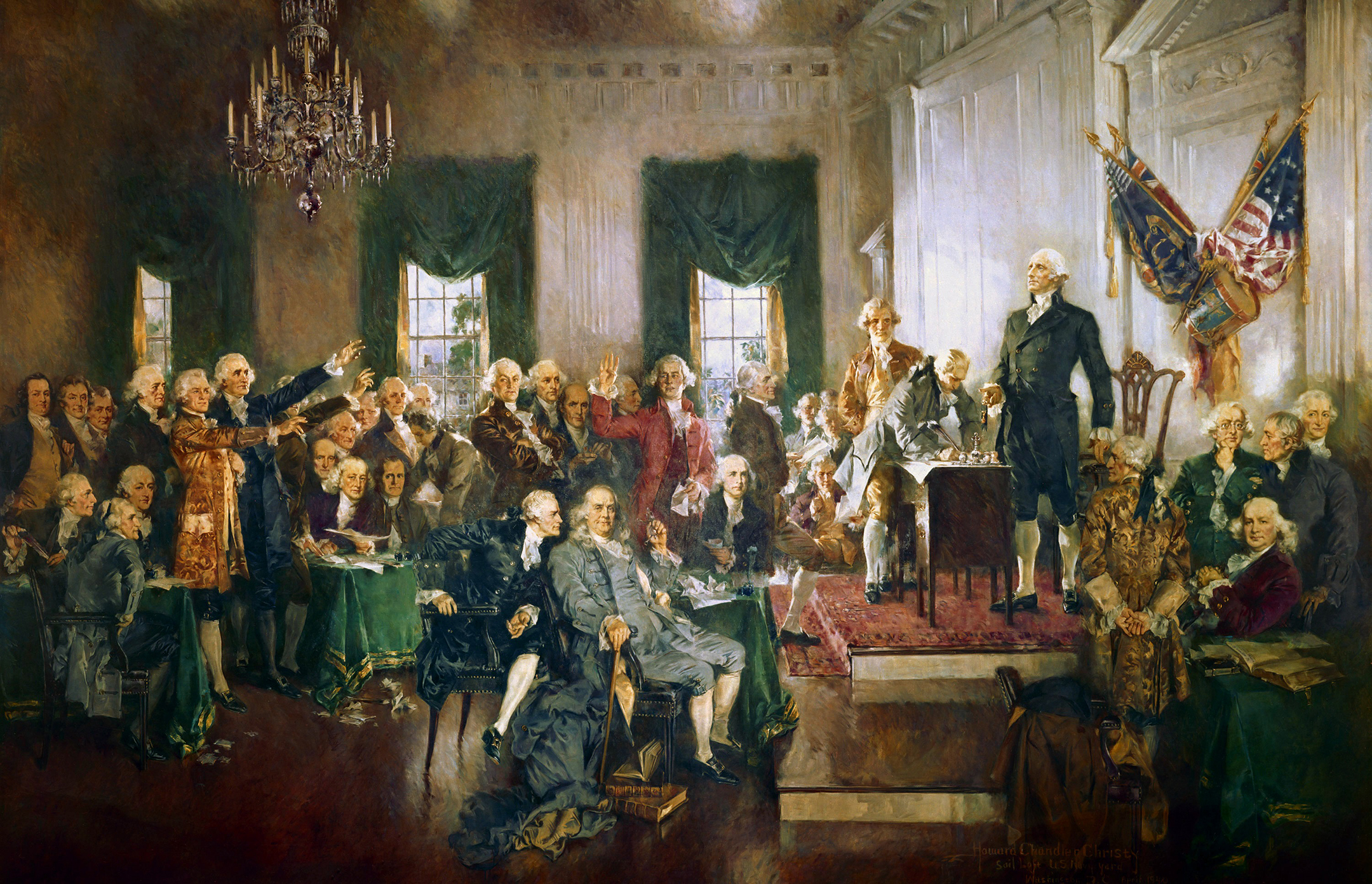 the painting scene at the signing of the constitution depicts Alexander Hamilton, Benjamin Franklin and James Madison