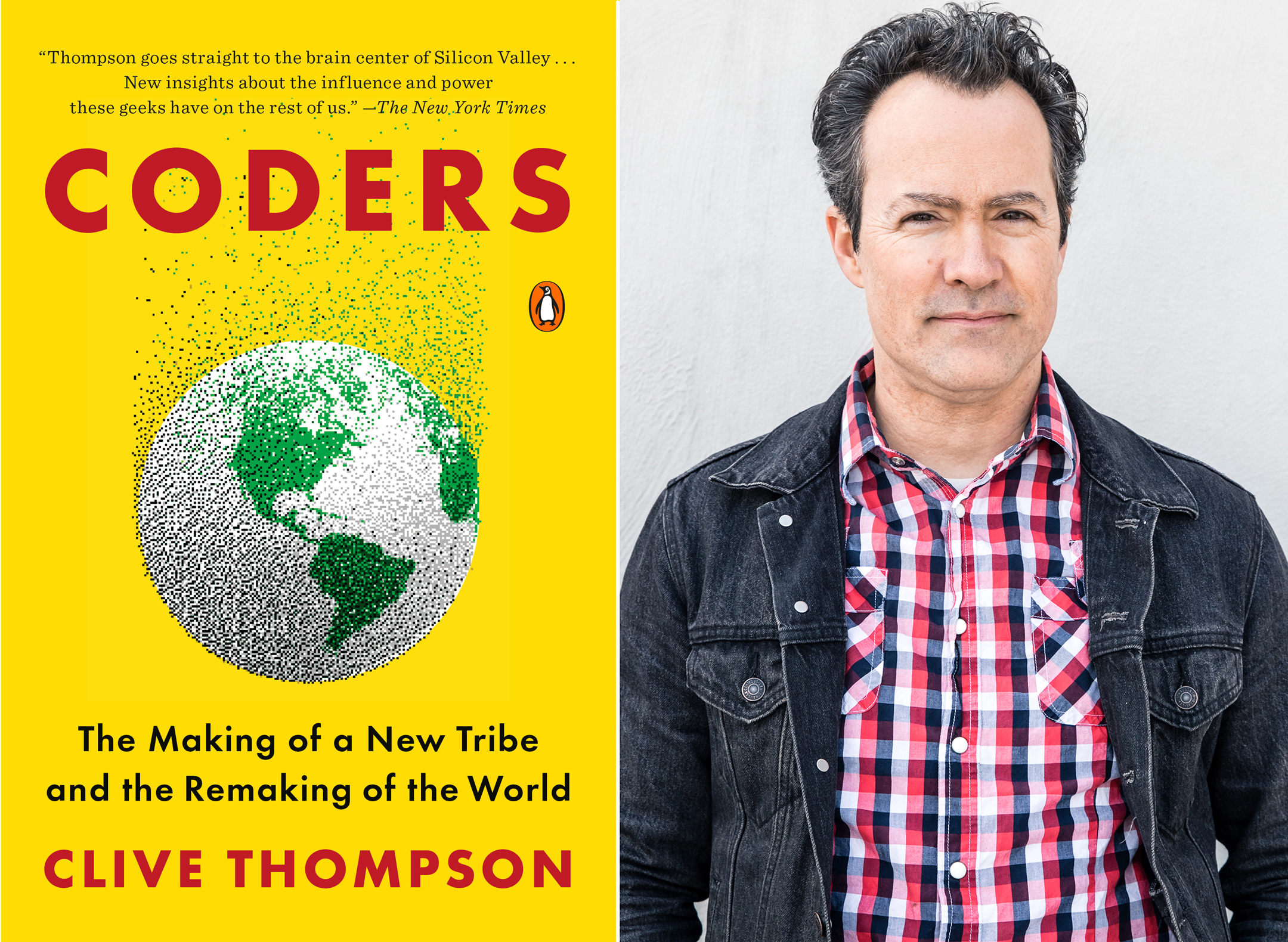 the cover of the book coders on the left, next to a photo of author clive thompson on the right