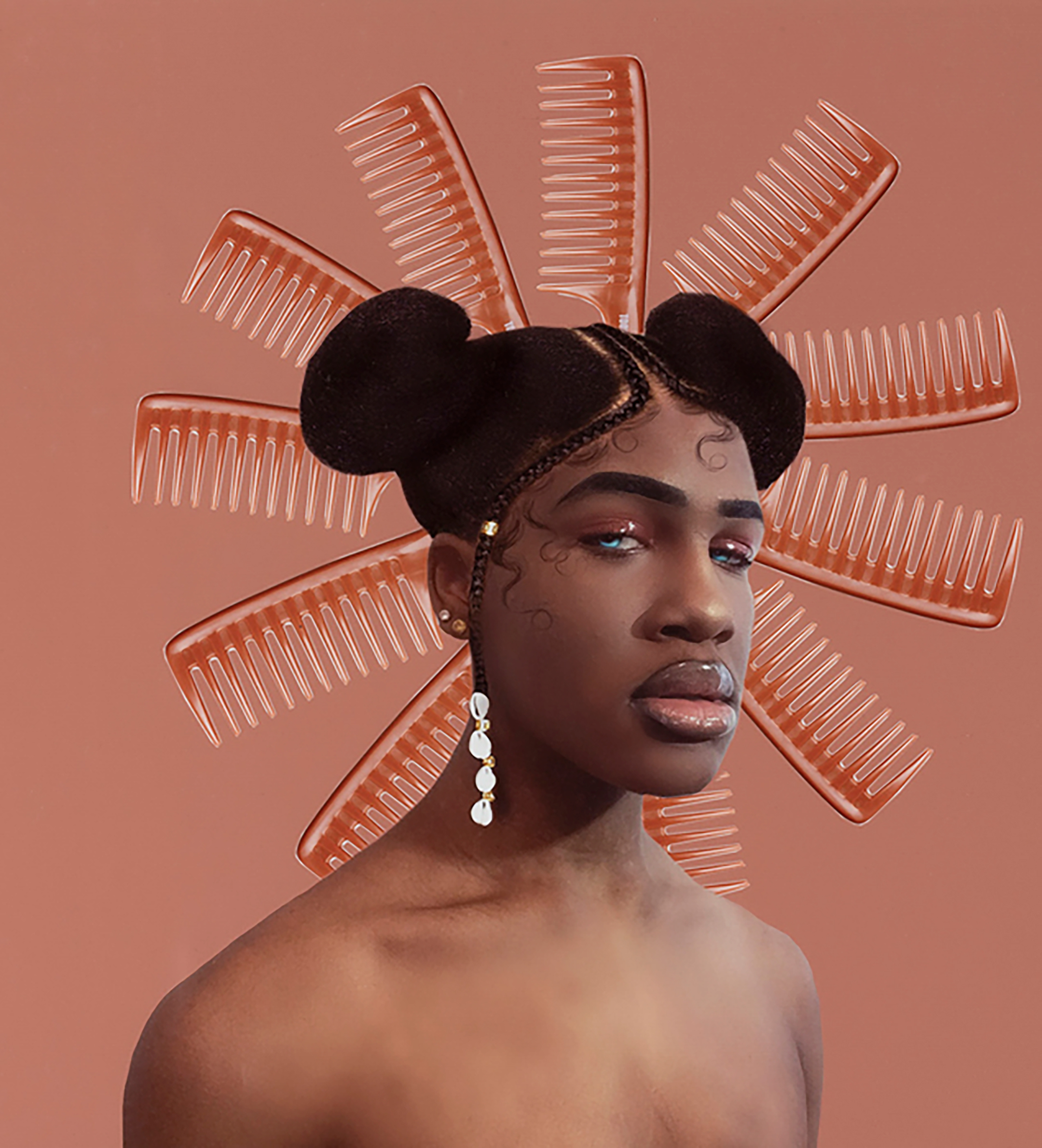 a piece of art featuring a young african american man without a shirt, on a pink background, his hair up in two buns on either side of his head, hair parted in the middle, with a halo of 11 redish combs behind his head