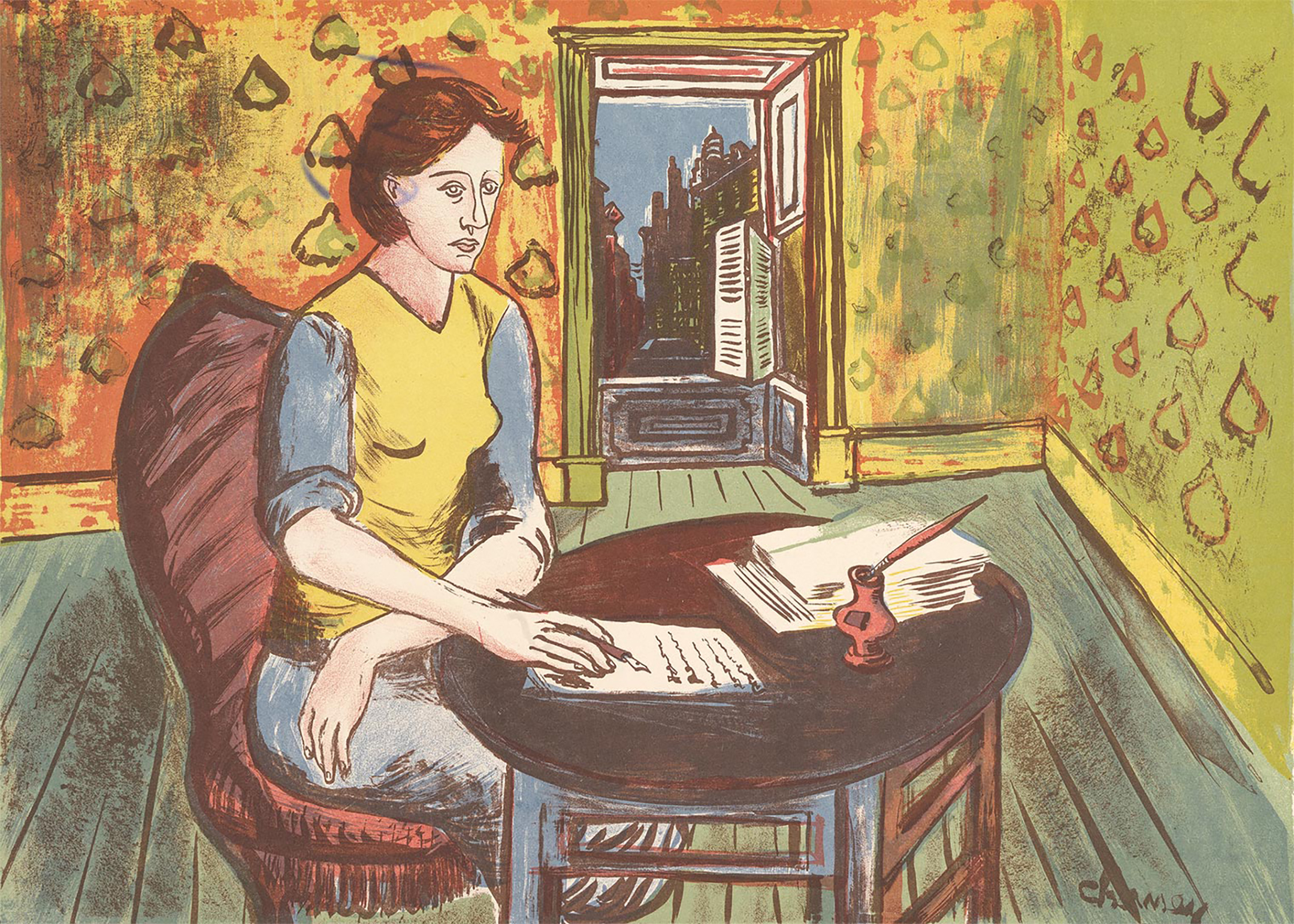 The painting the writer by American artist ruth Chaney depicting a young woman in a yellow/green room, wearing a yellow and blue outfit sitting at a small table writing a letter with the window open to an urban night scene