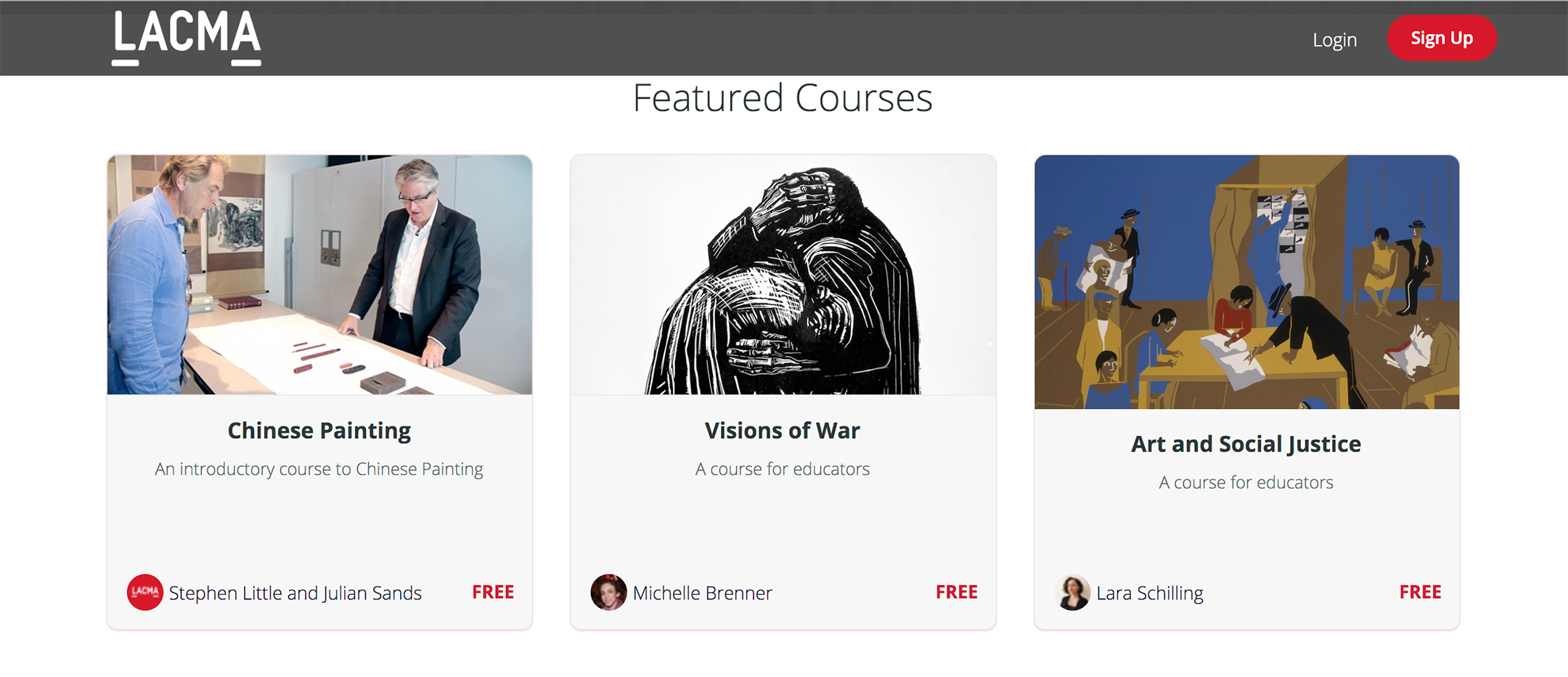 screenshot from the los angeles county museum of art course website showing three featured courses being offered