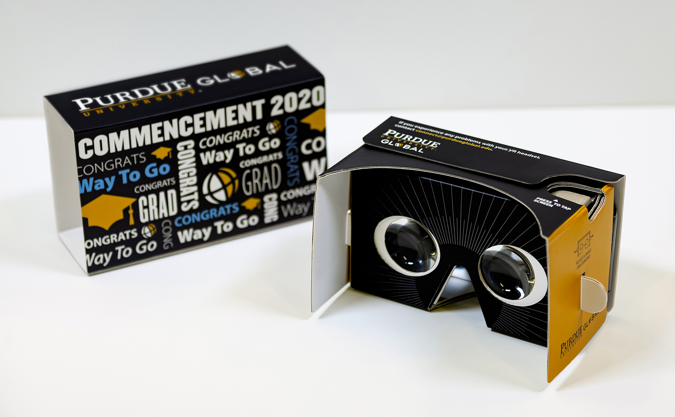 Examples of VR headsets that Perdue planned to distribute to more than 75 Purdue University Global graduates so they could participate in their commencement ceremony virtually. 