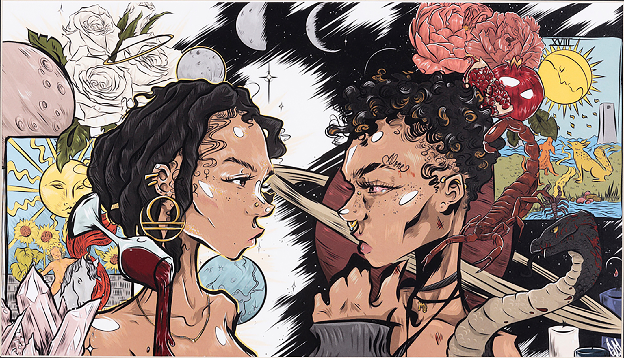 a piece of art featuring two young african american women, looking at each other, drawn in a comic book style
