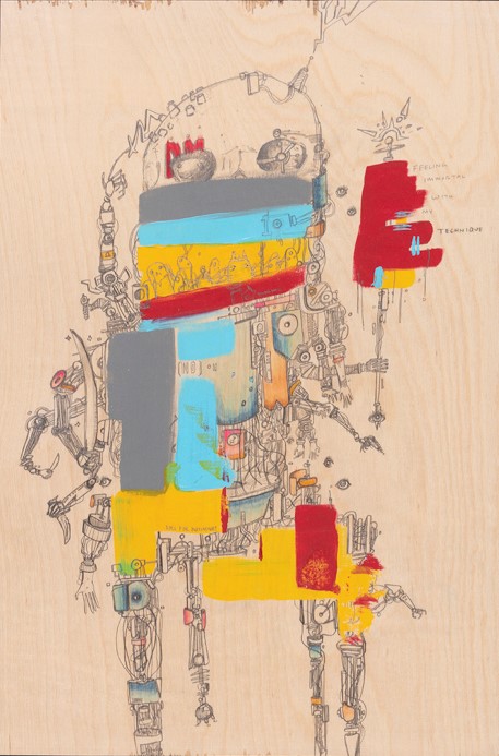 art in blue, yellow, and red acrylic and graphite on wood depicting a stylized robot-like creature