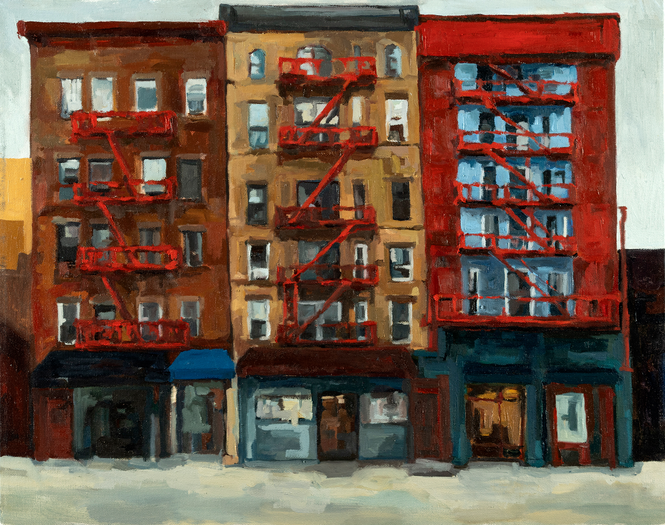 painting of three New York tenement buildings in red and yellow 