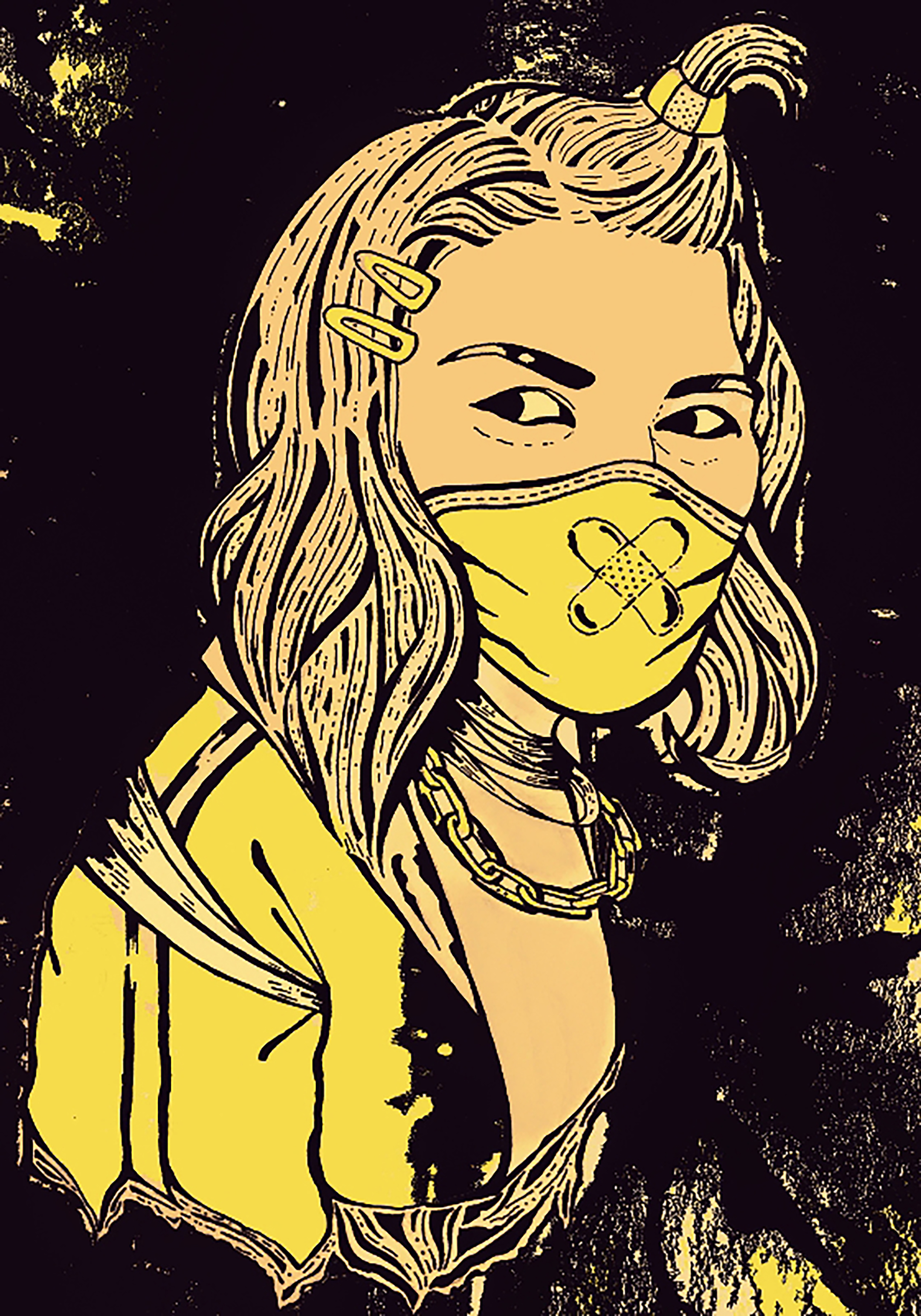 artwork in black and yellow featuring a young woman wearing a mask covering her nose and mouth with two band-aids on it in the form of an x