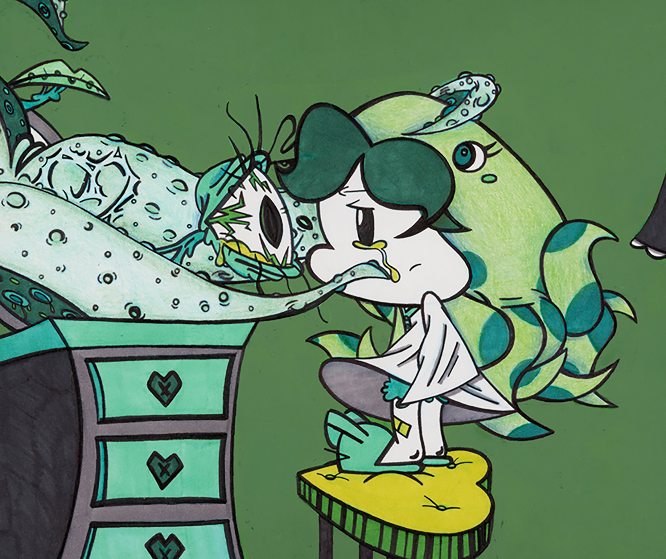 an artwork created in various shades and hues of green, with a cartoon girl standing on a heart-shaped seat at the center staring at a one-eyed tentacled bug-like creature while a frog-like creature stands behind her