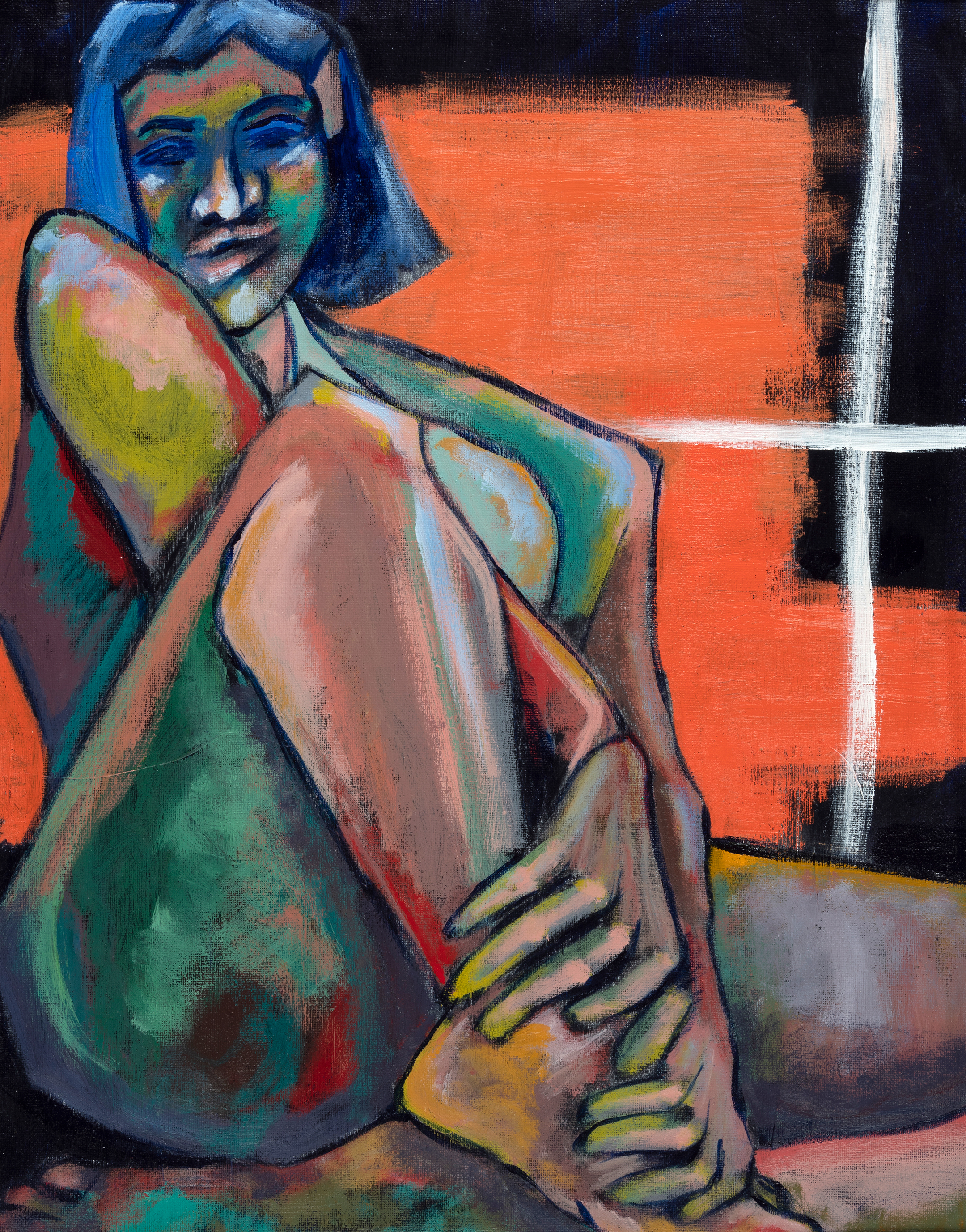 abstract painting of a female figure in blues, reds, and darker hues