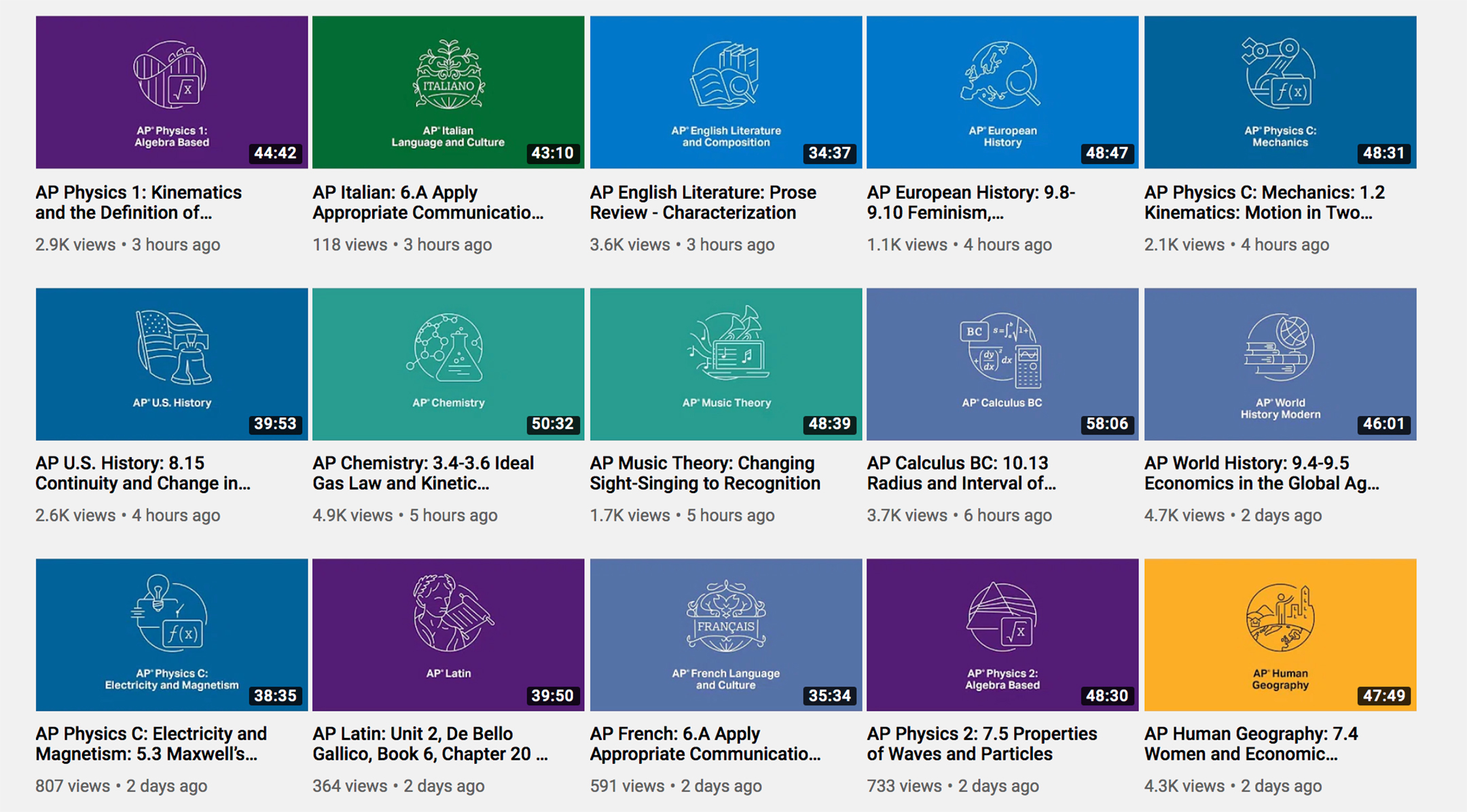 a grid of 15 multi-colored rectangles promoting 15 different virtual AP classes on YouTube