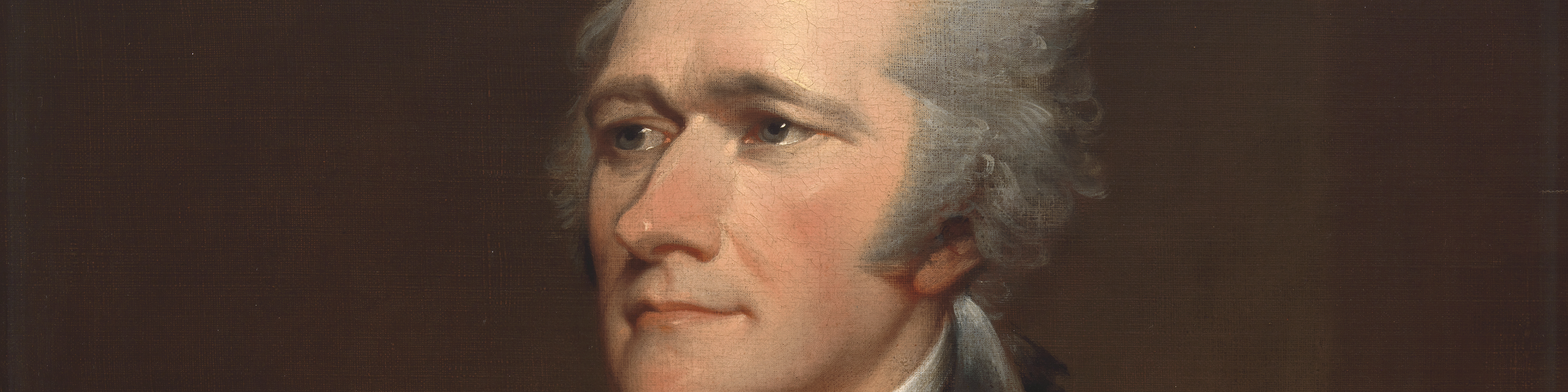 detail of a portrait of alexander hamilton showing him from the mid-forehead to top of his chin