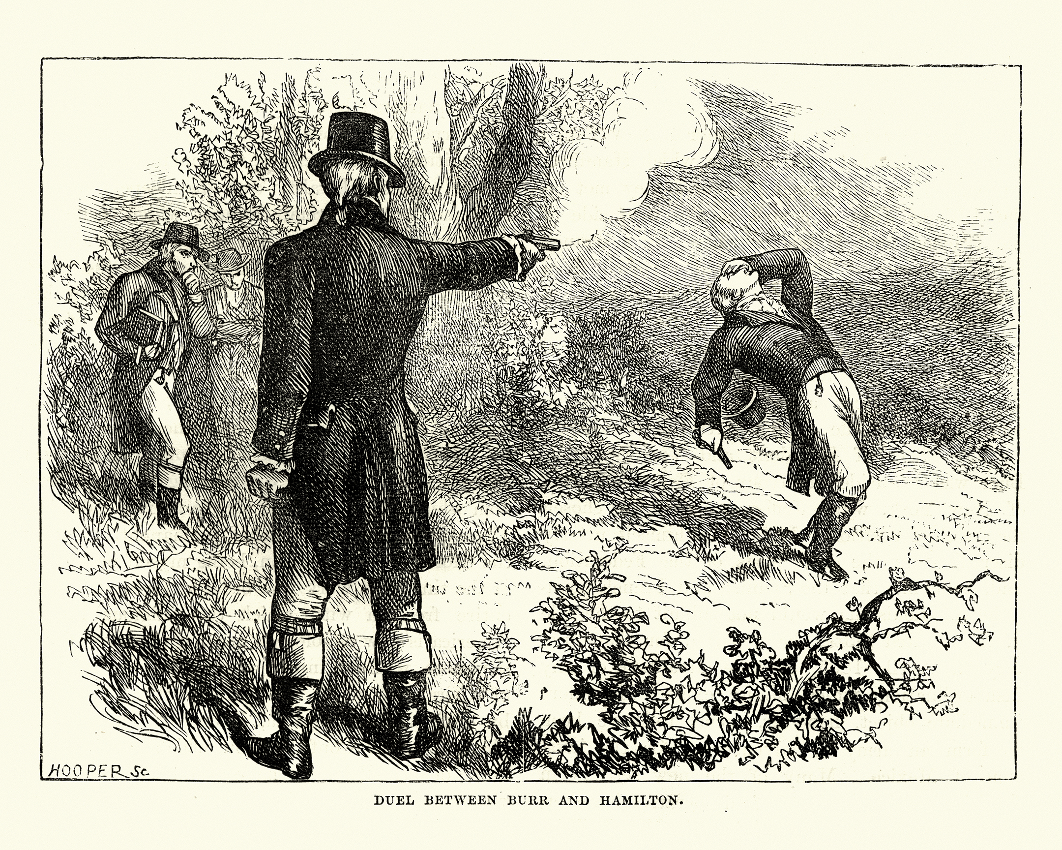 engraving showing aaron burr shooting alexander hamilton in a duel