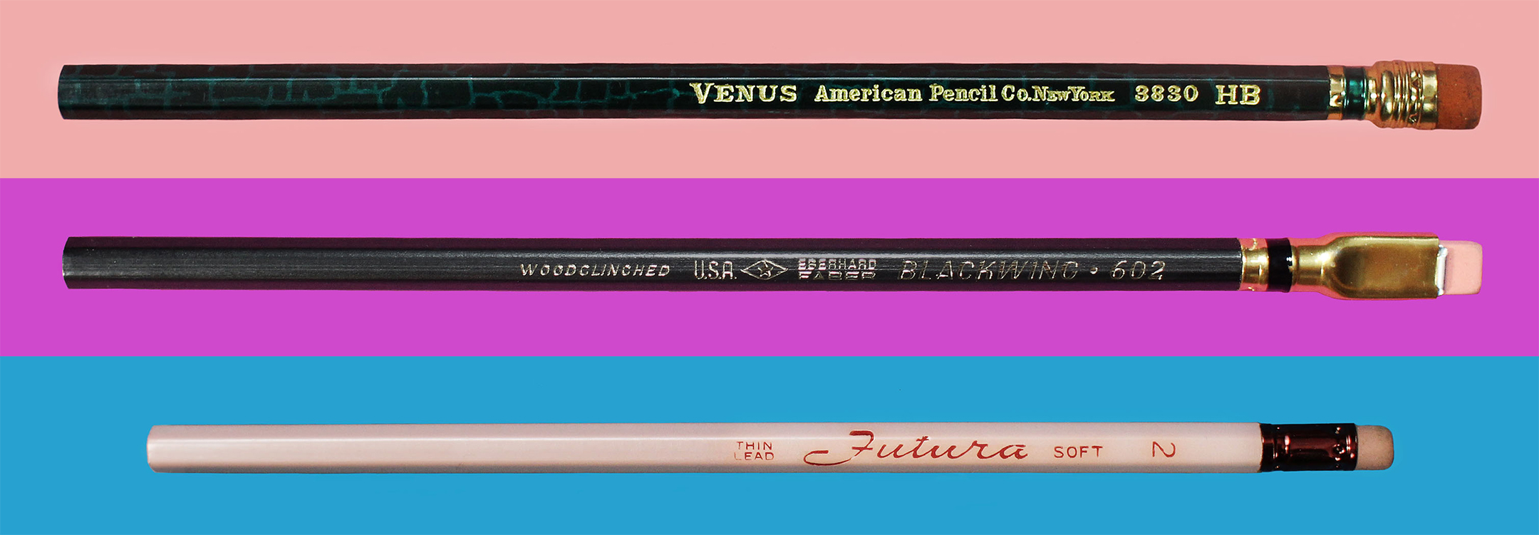 three different historic pencils, one on a peach background, one on a fuchsia background, and one on a blue background 