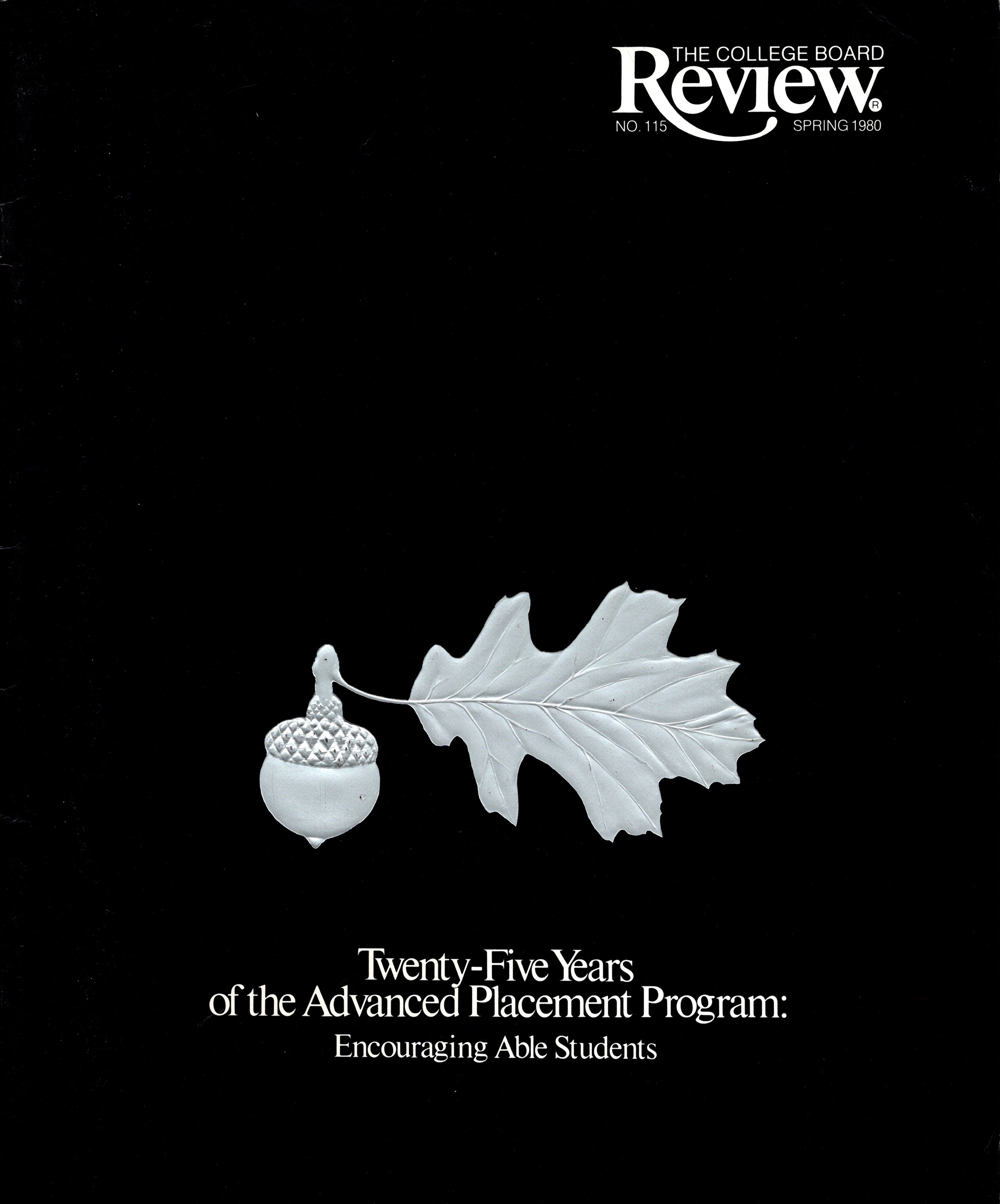 cover of the spring 1980 issue of the college board review featuring a silver acorn and oak leaf on a black background