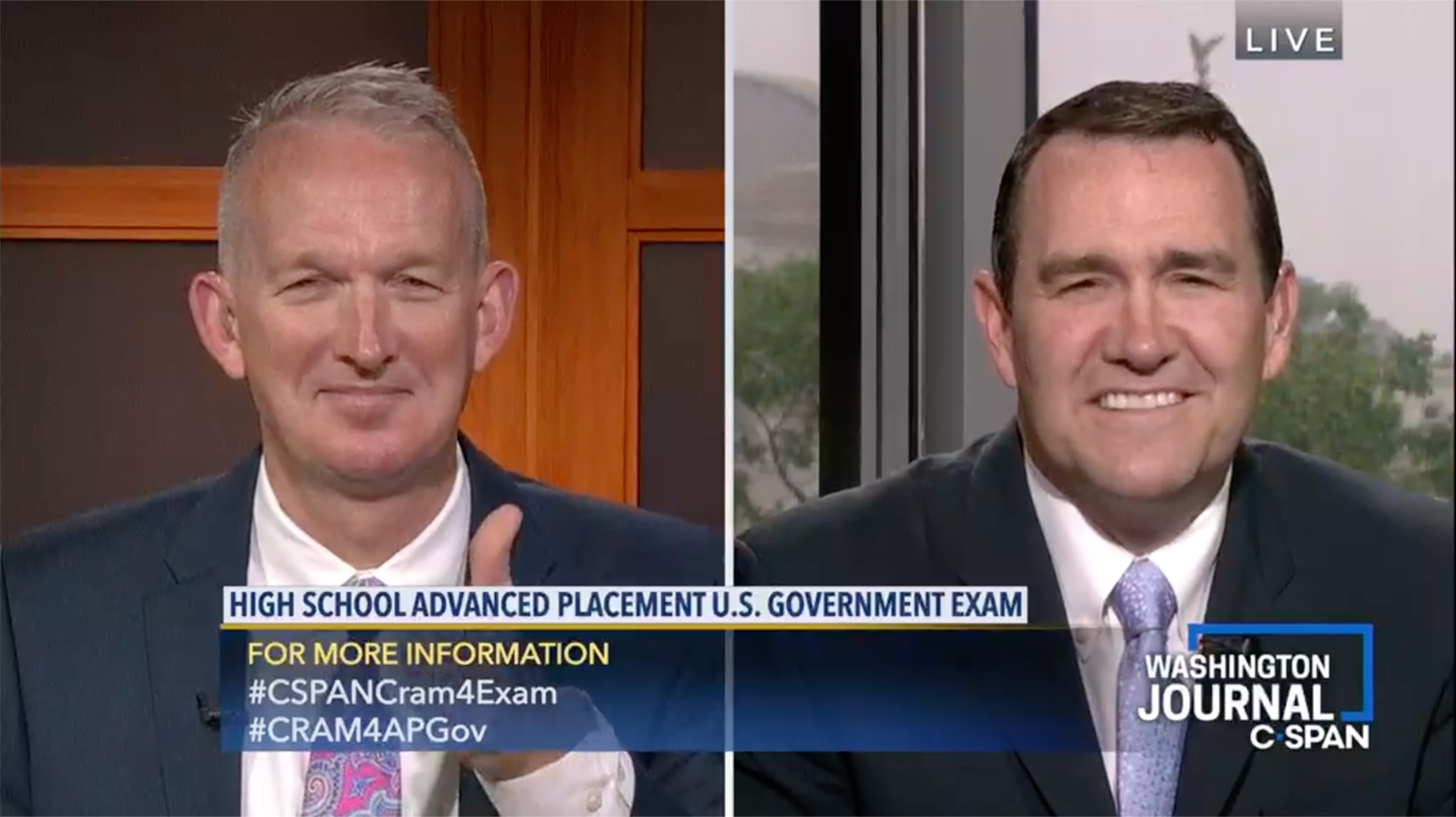 screenshot from the c-span cram for the exam show showing a split screen image of both teachers