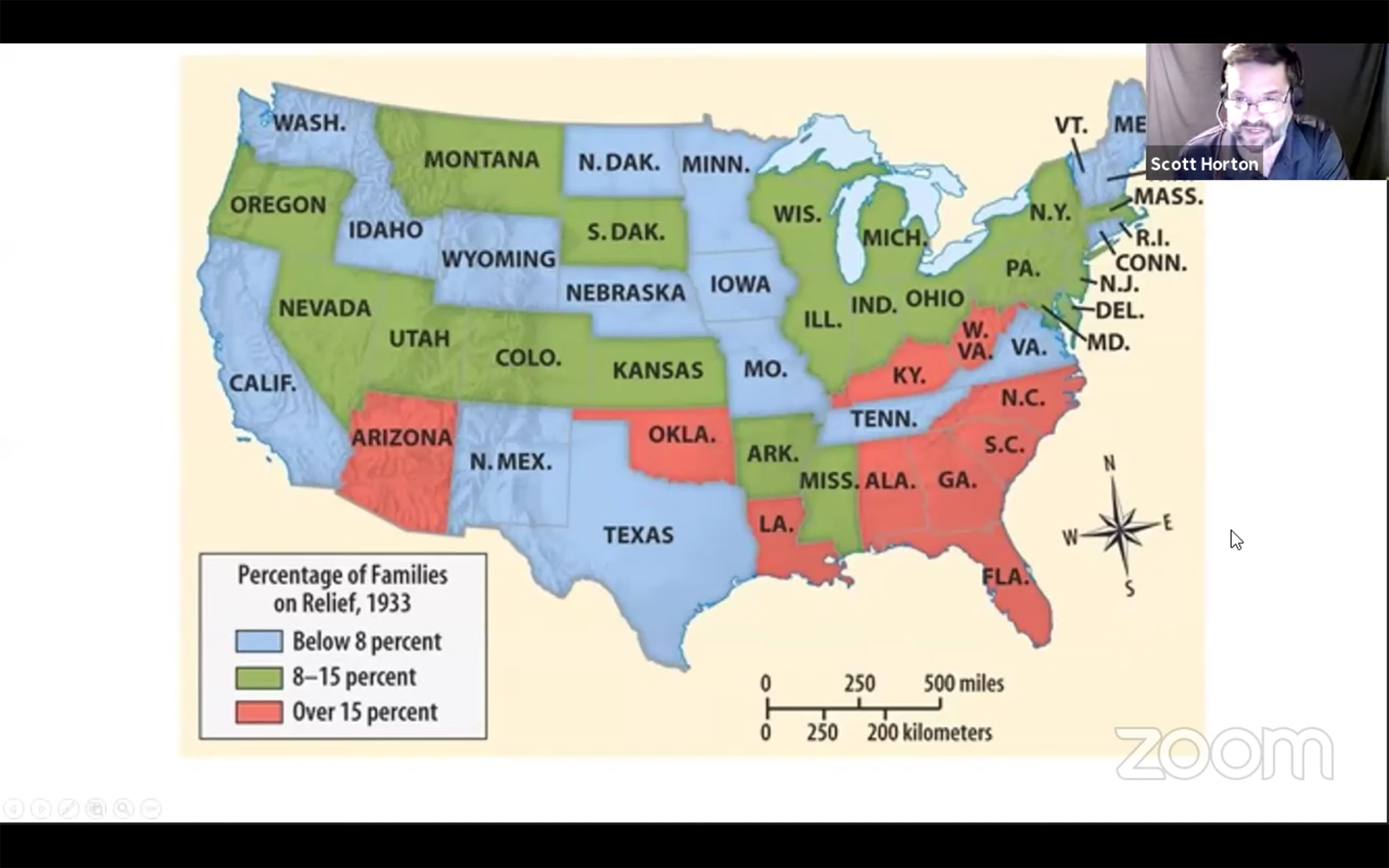 screenshot of a lesson taught by ap u.s. history teacher scott horton featuring a map of the united states with different states represented in different colors based on how much relief they received in 1933