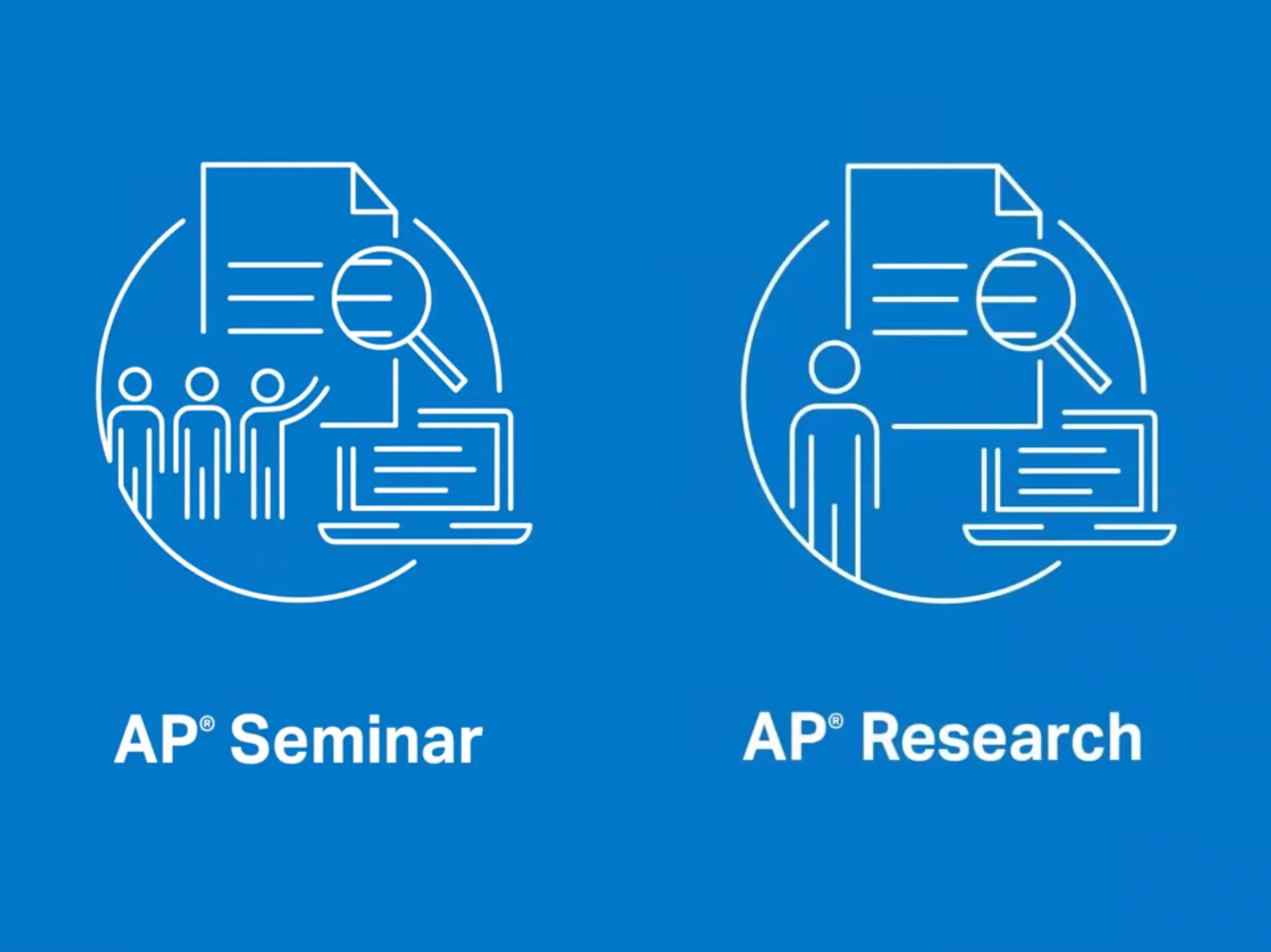 white icon representing ap capstone course ap seminar and ap research on a blue background