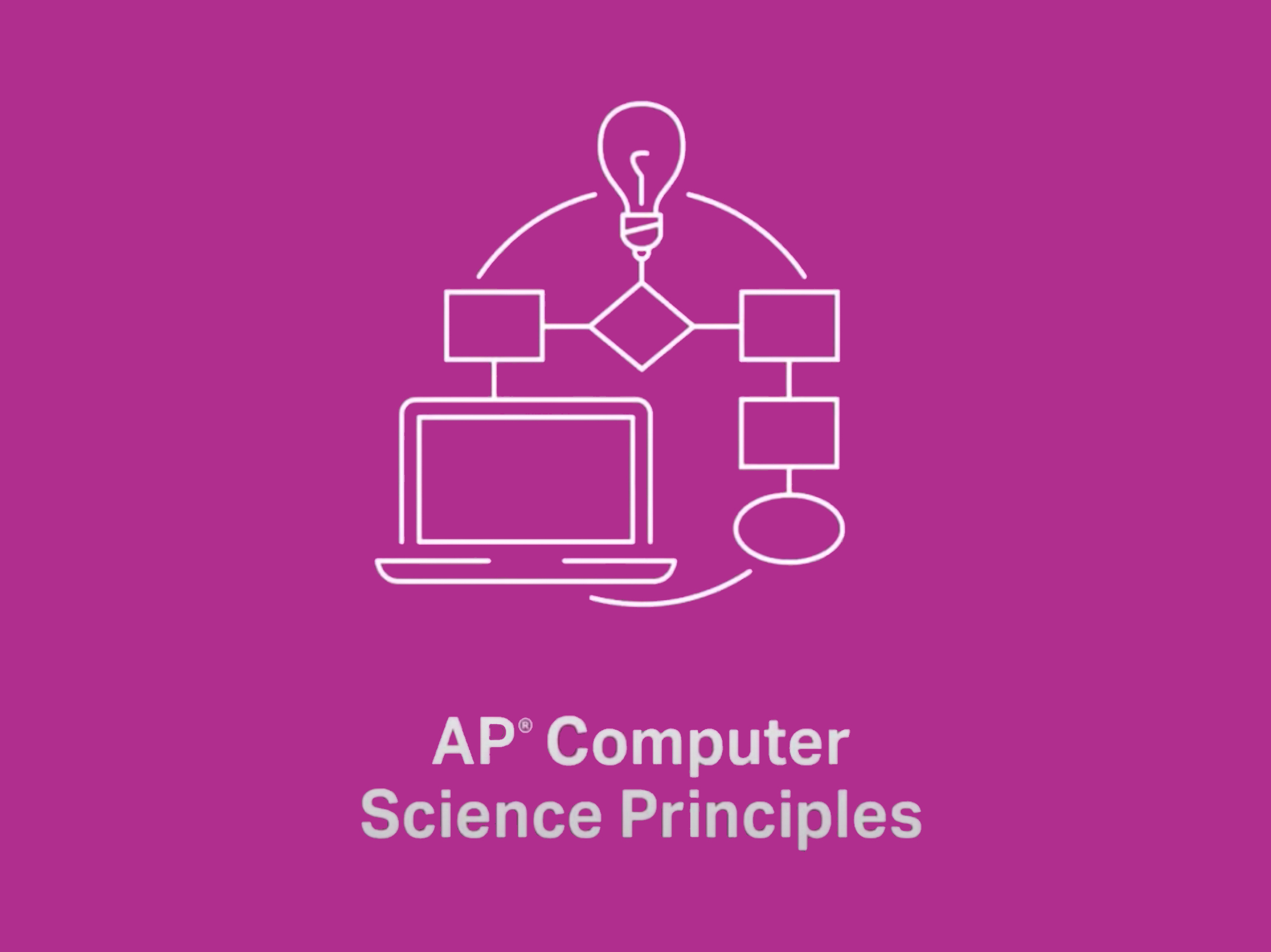 white icon representing ap computer science principles on a magenta background