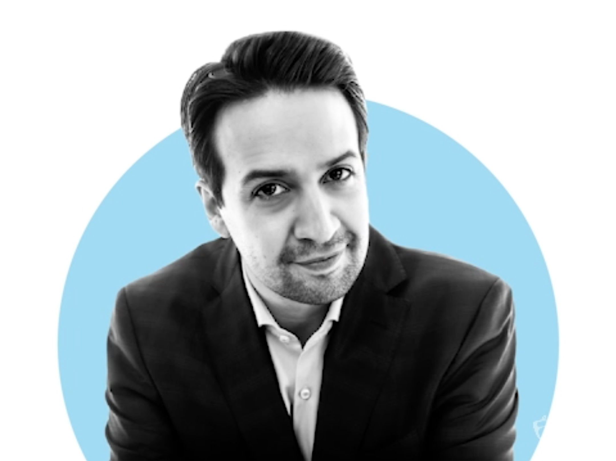 Image of lin-manuel miranda over top a blue circle, which is on a white background