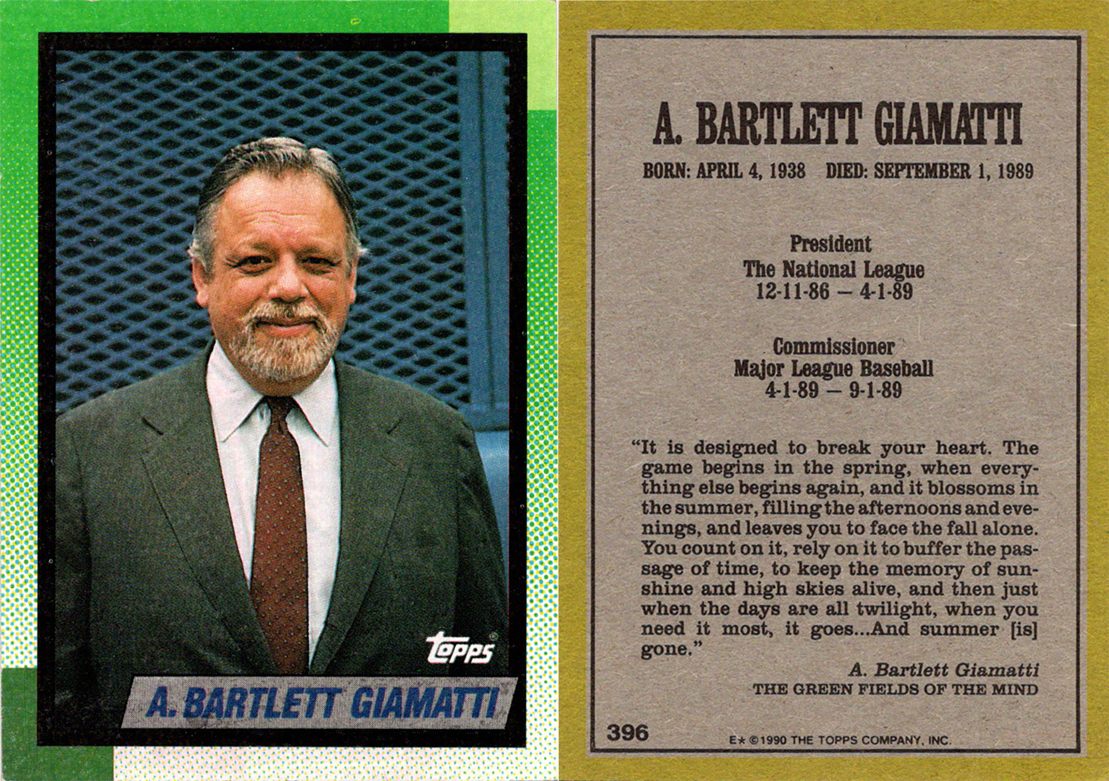 front and back of a 1990 topps baseball card featuring a. bartlett giamatti