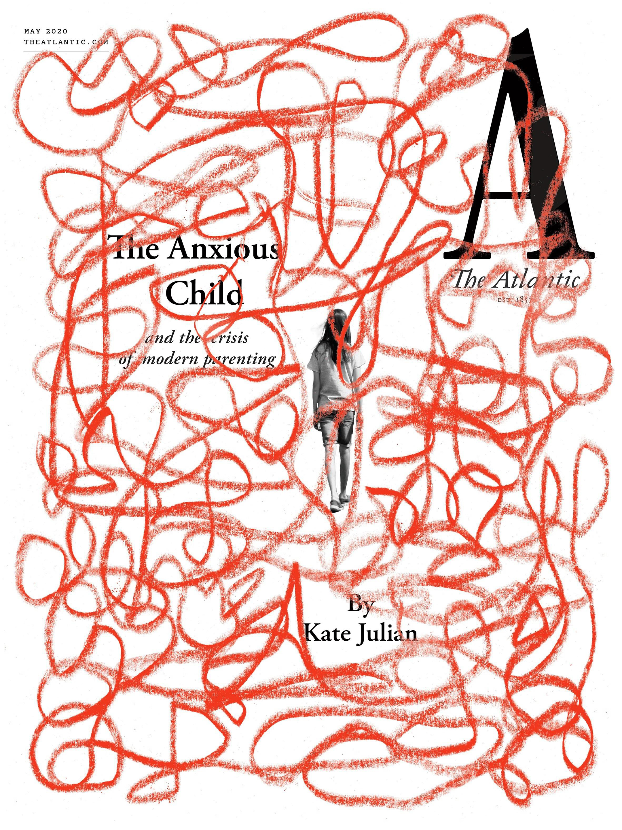 cover of the may 2020 issue of the atlantic magazine, featuring a young woman at the center underneath an endless squiggle of red lines