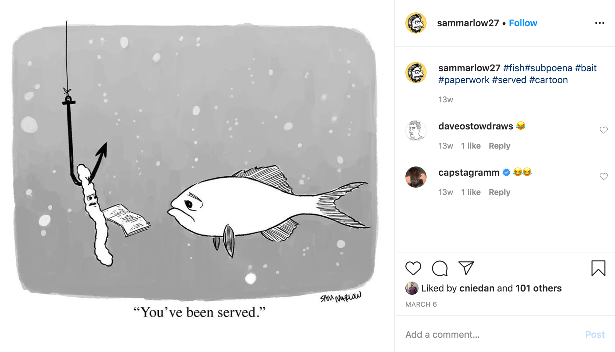 screenshot of an instragram page showing a cartoon of a worm on a hook serving legal documents to a fish underwater