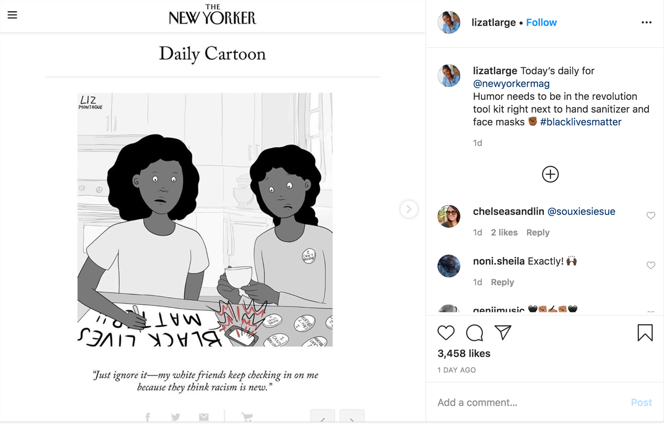 screenshot of an instragram page showing a cartoon of two African American women looking at a phone