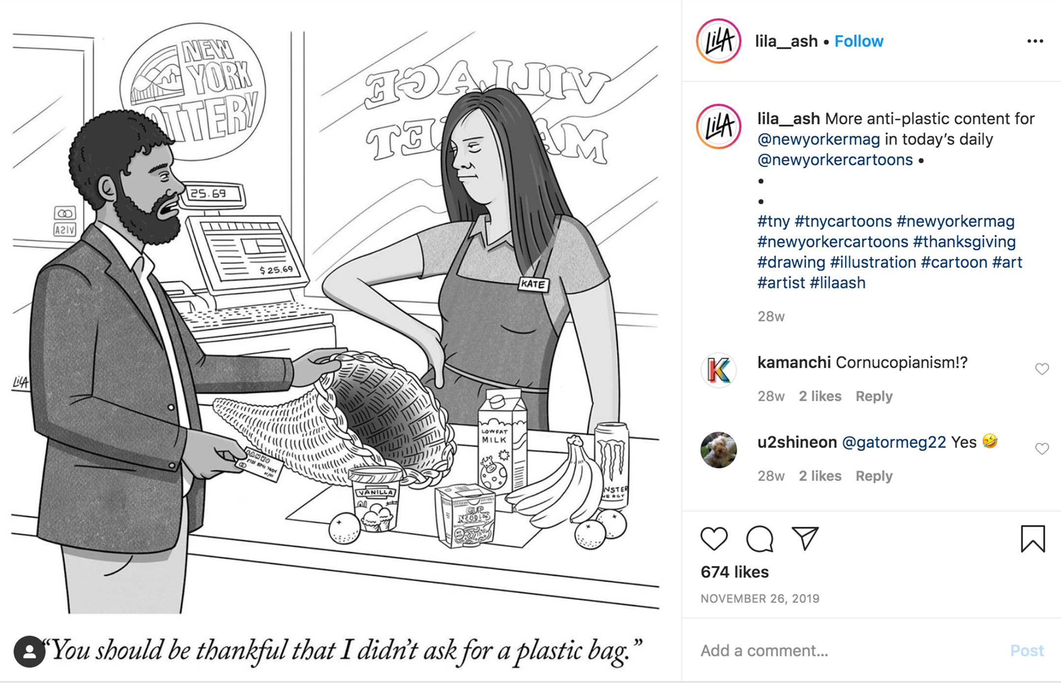 screenshot of an instragram page showing a cartoon of a man placing recently purchased groceries into a cornucopia horn