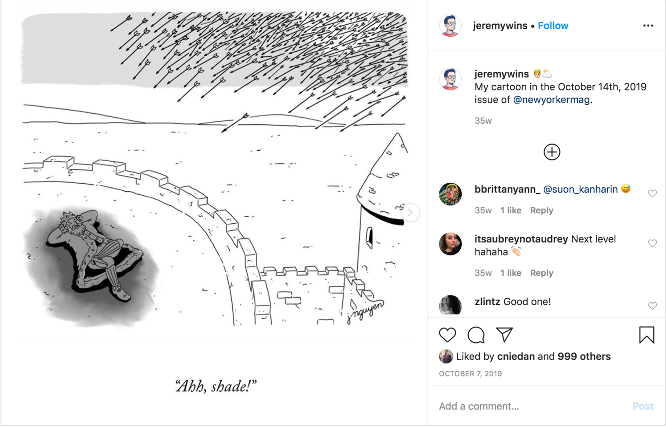screenshot of an instragram page showing a cartoon of a king sitting on top of a castle in the shade created by a cloud of incoming arrows