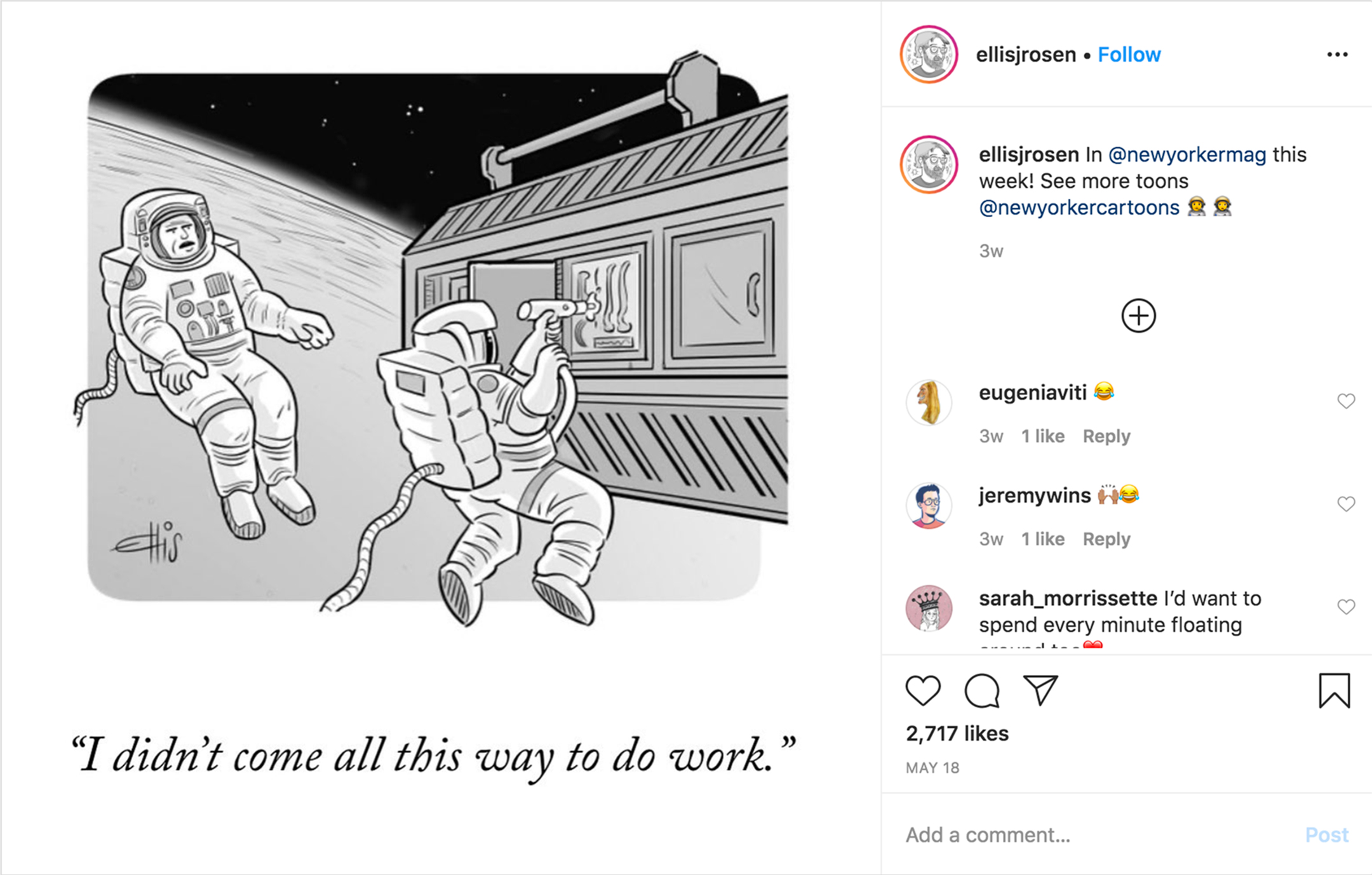 screenshot of an instragram page showing a cartoon of two astronauts working above earth, one complaining about not wanting to work
