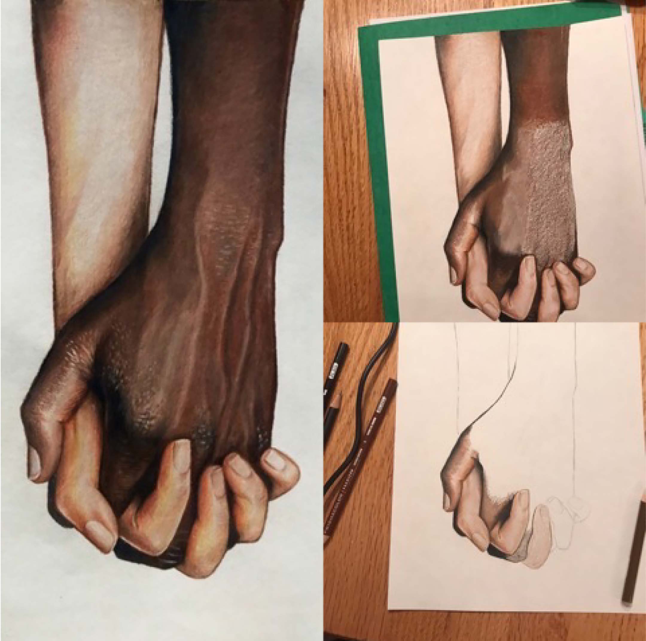 a collage of three process drawings showing how the drawing of the black hand holding the white hand was created