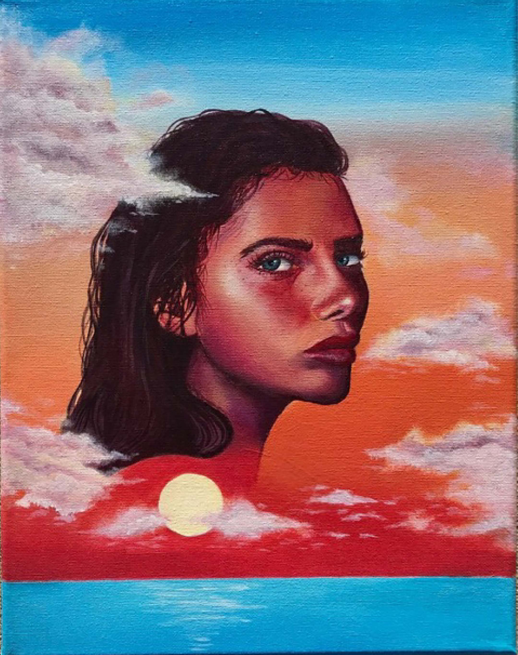 portrait of a young white woman positioned in an orange and blue sky above a sunset over an ocean