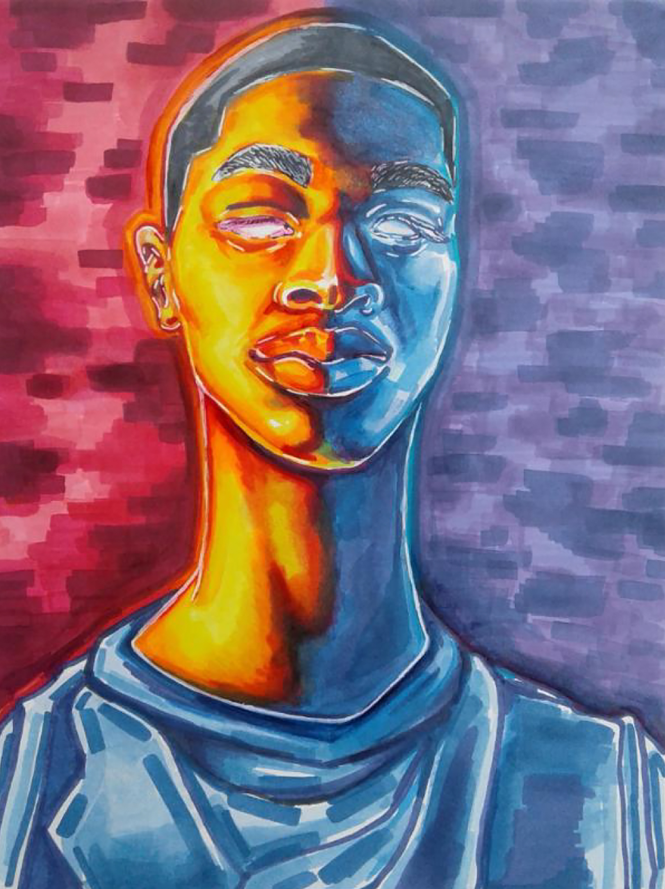 portrait of a young black man in orange and blue with close-cropped hair, white eyes, and a baggy shirt against a red and purple wall
