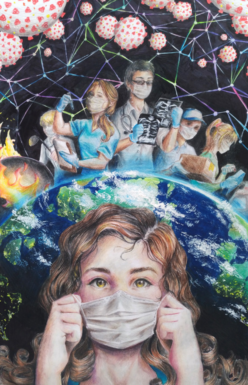 Illustration of a young white woman wearing a face mask against a backdrop of the planet earth and a group of doctors, nurses, and other first responders