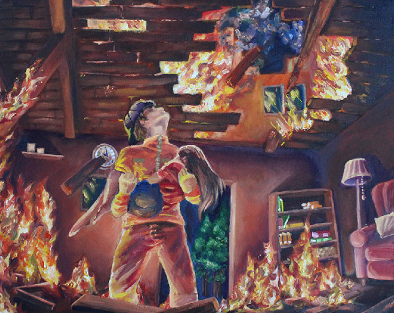 illustration of a firefighter heroically rescuing a person from a burning building