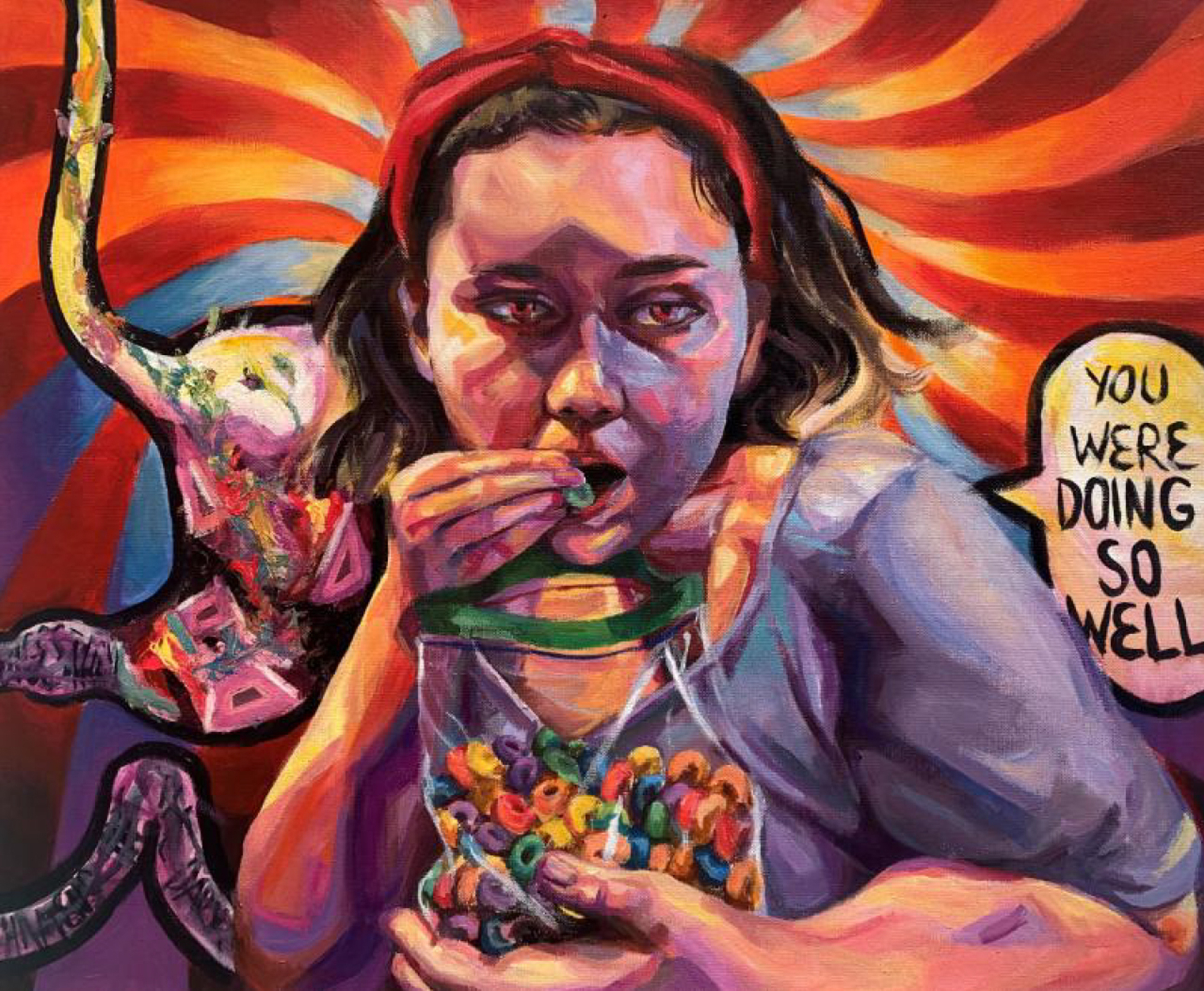 exaggerated painting of a young woman, wearing purple and clutching a bag of Fruit Loops, eating the cearl with a red-orange swirl in the background and a word bubble that says "you were doing so well"