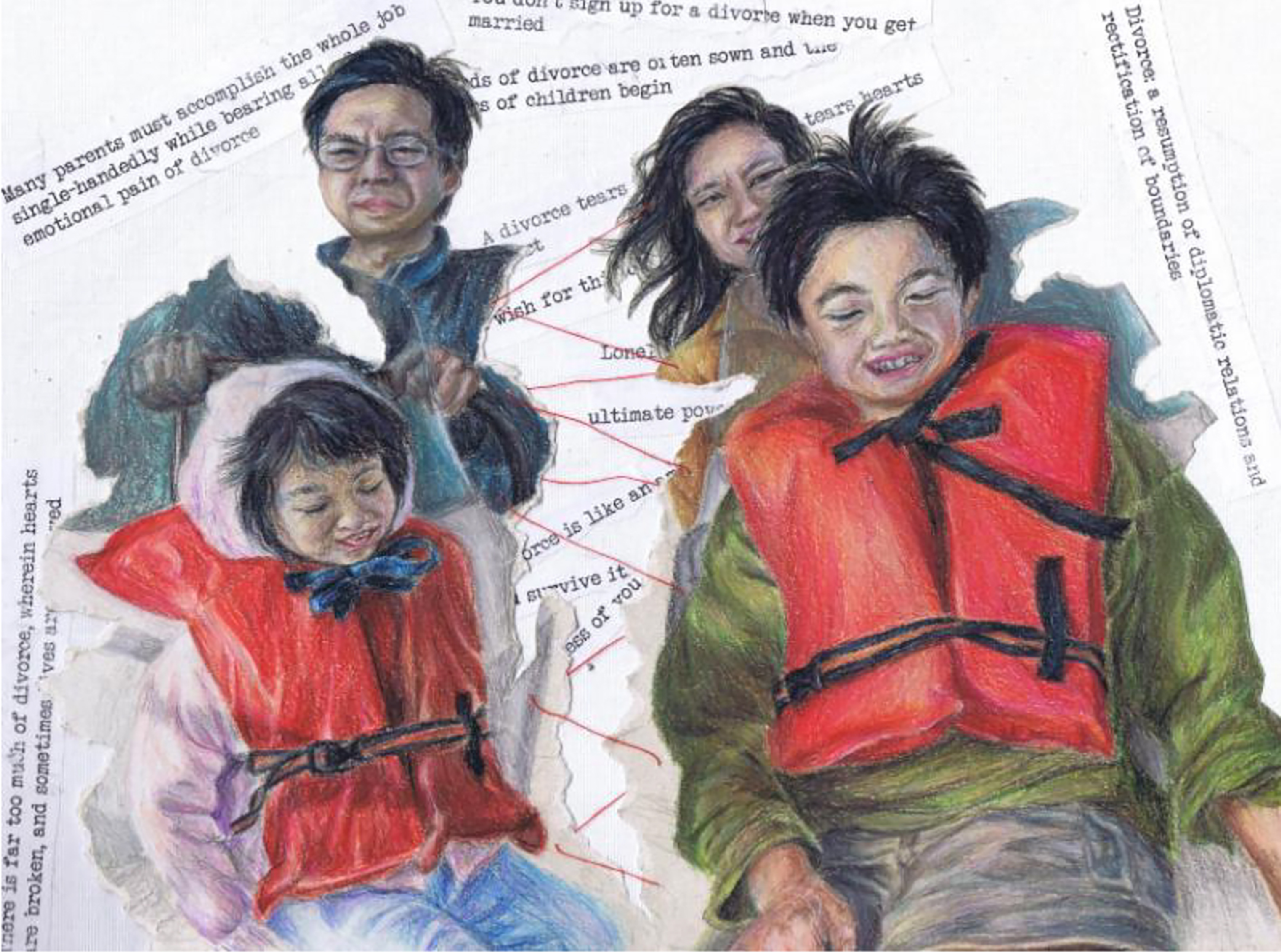 illustration of a family of four sliding down a piece of paper. the two kids, at the front of the art, are wearing life jackets