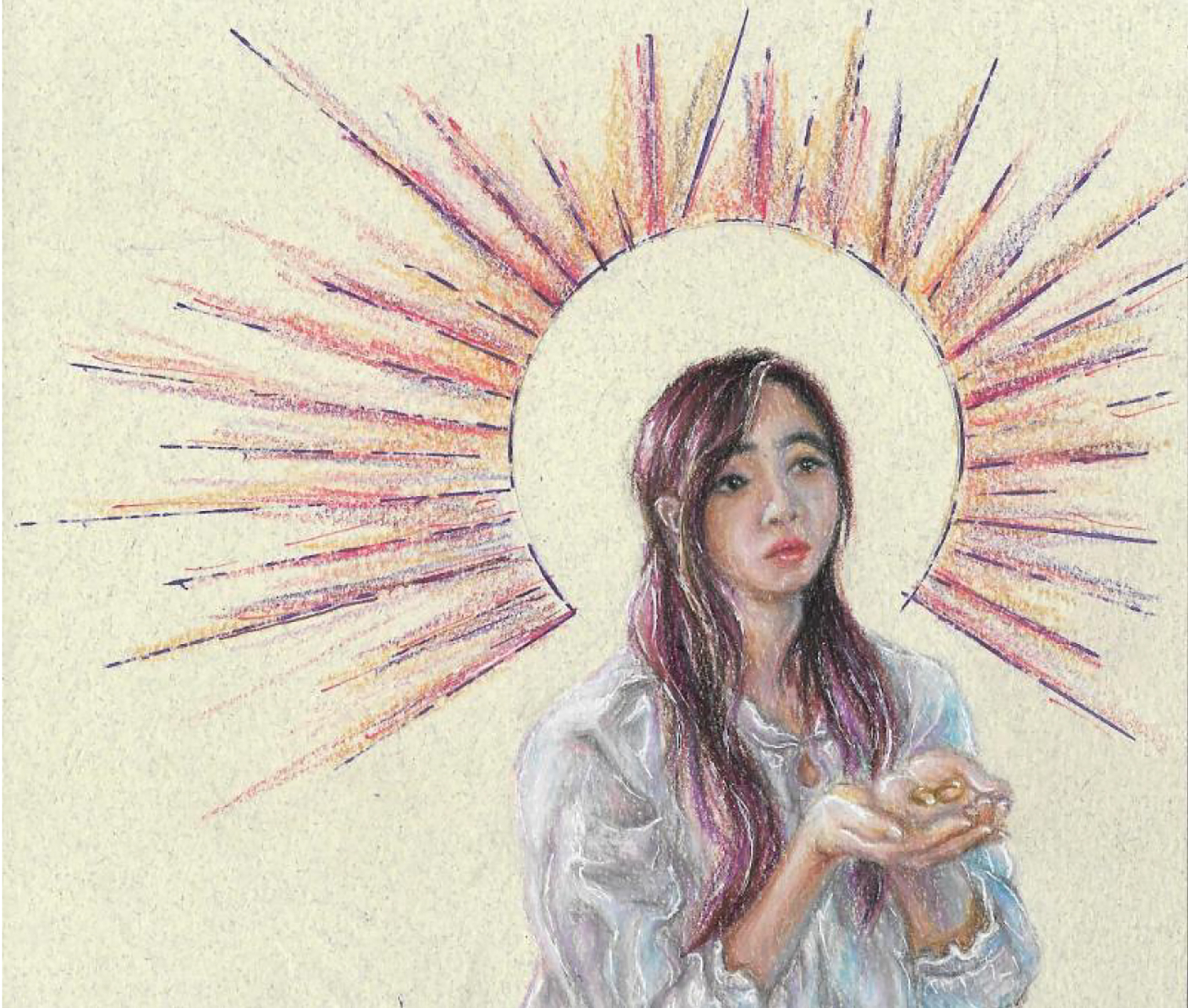 illustration of a young woman with a saintly halo around her head, holding her hands out and open with two wedding rings in the palm
