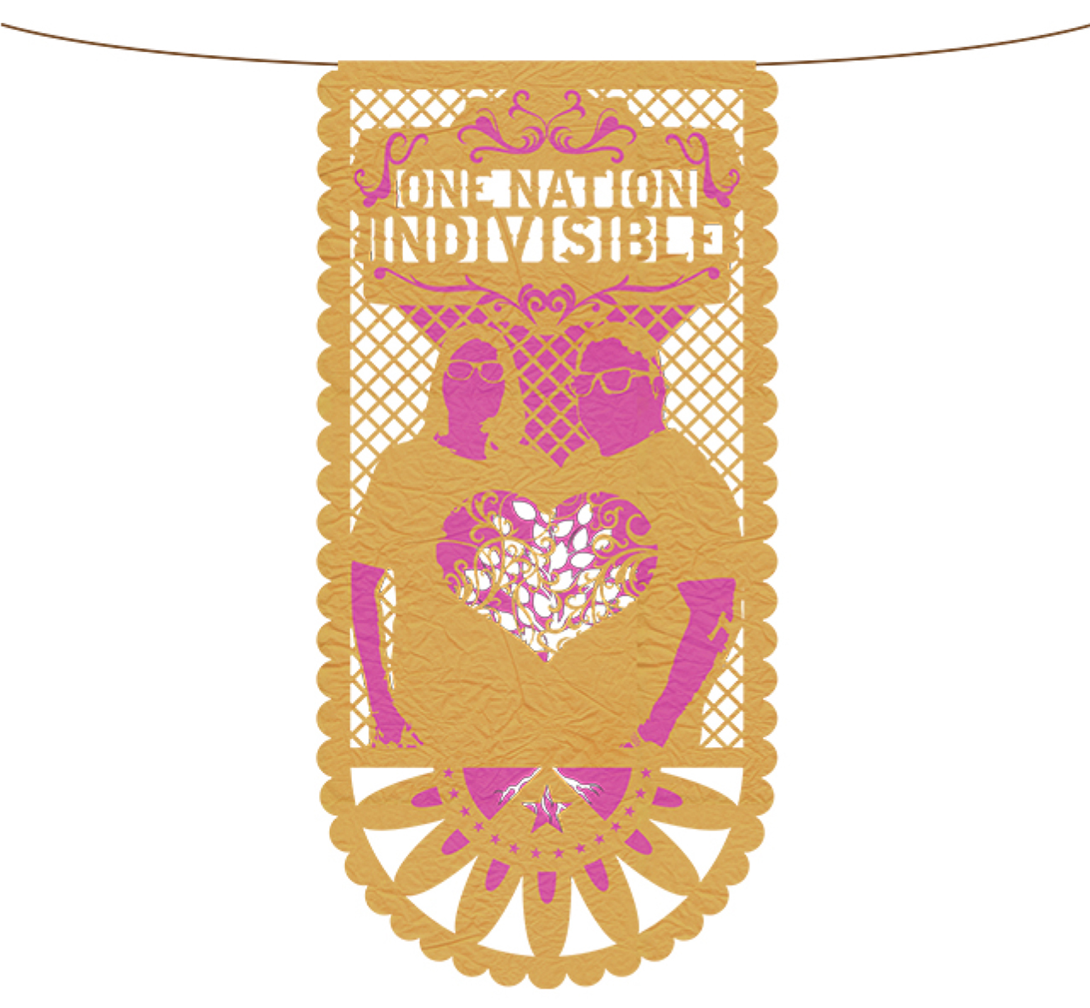 an illustrated banner featuing a man and woman in pink with gold clothes and the words one nation indivisible at the top