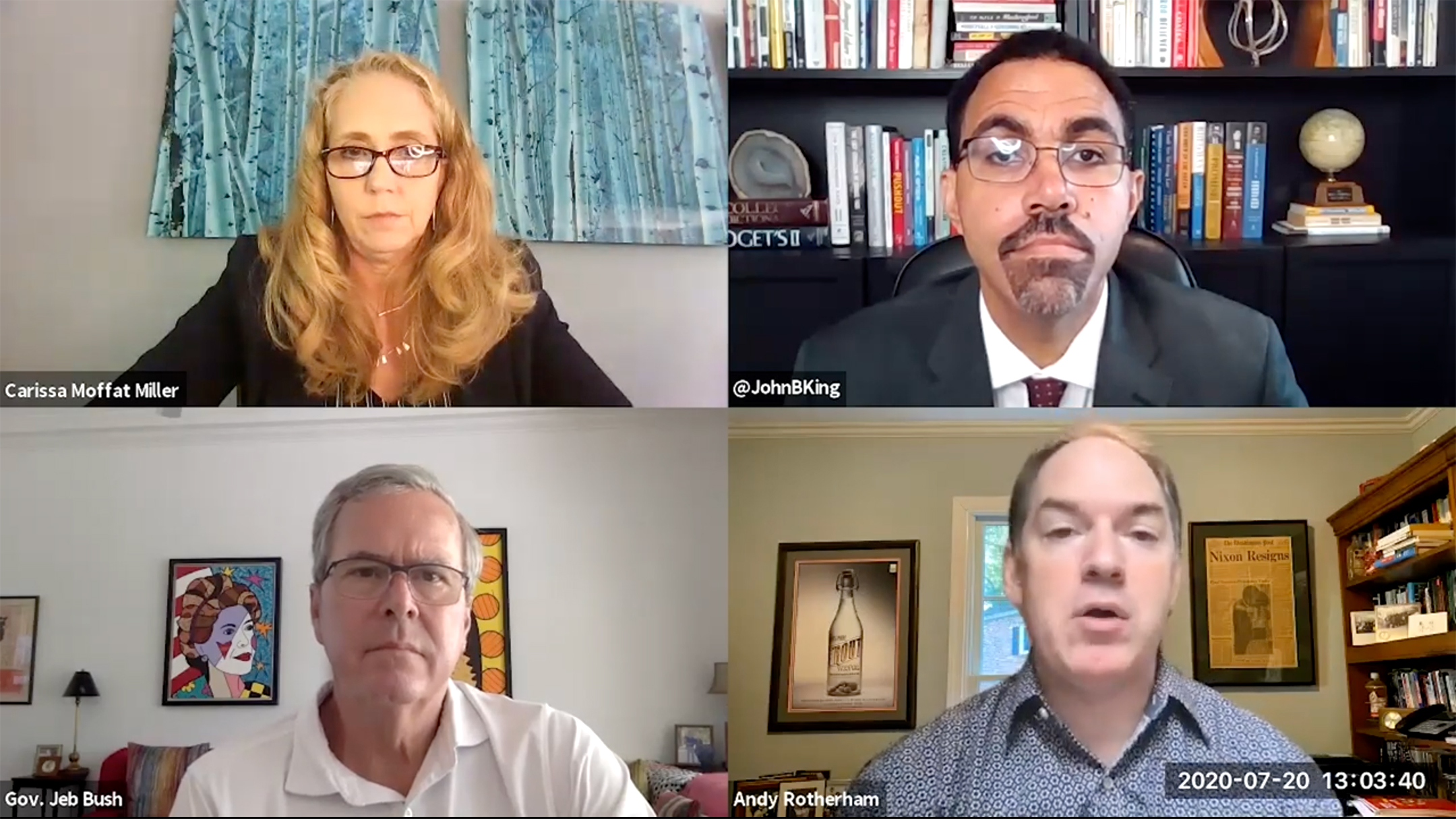 A screenshot from the bellwether webinar, featuring, clockwise from top left to right, carissa moffat miller, john b king jr, andy rotherham, and jeb bush
