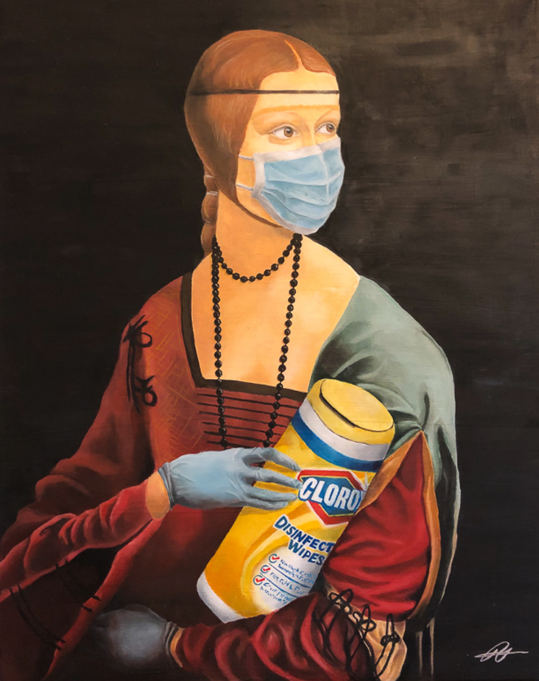 Painting of a woman in renaissance clothing wearing a face mask and holding a container of Clorox wipes