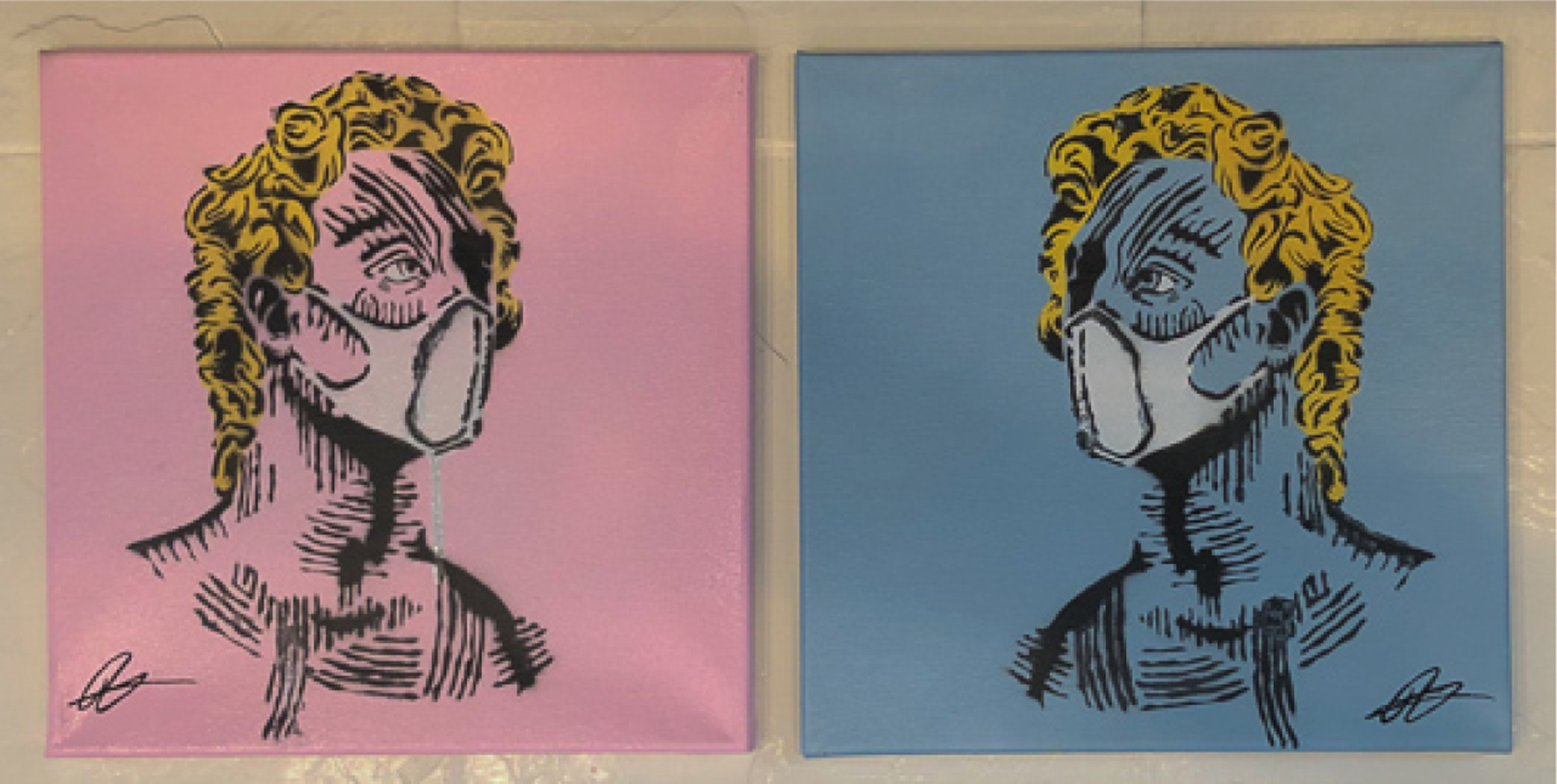 Two illustrations of a blonde man, from the shoulders up, wearing a mask, one on a pink background and one on a blue background