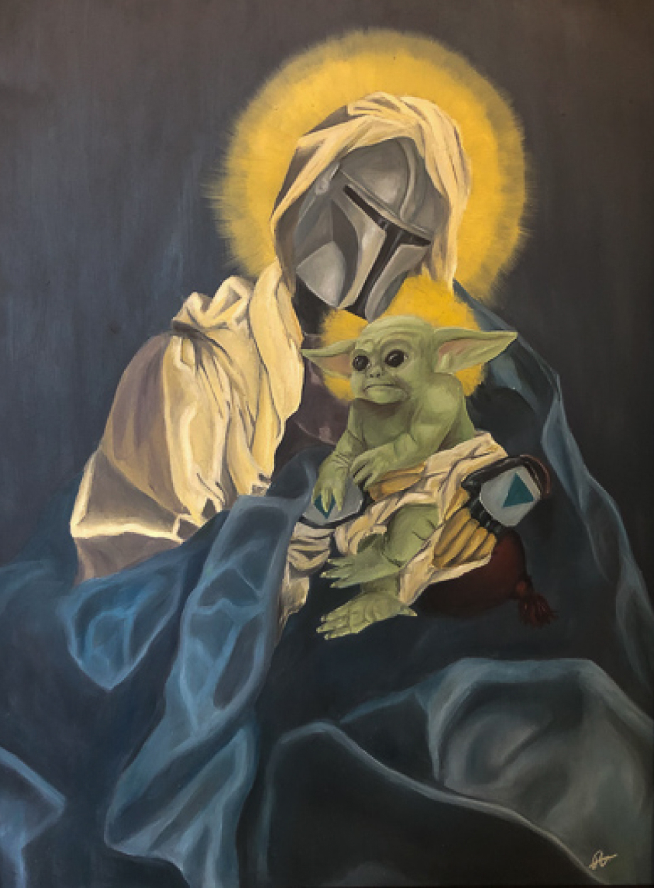painting of the mandalorian, from star wars, clothed in biblical garb with a halo around his helmeted head, cradling baby yoda
