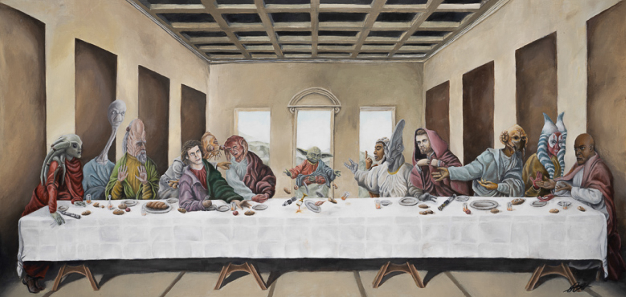 a recreation of the painting the last supper, using star wars characters instead of jesus and the apostles