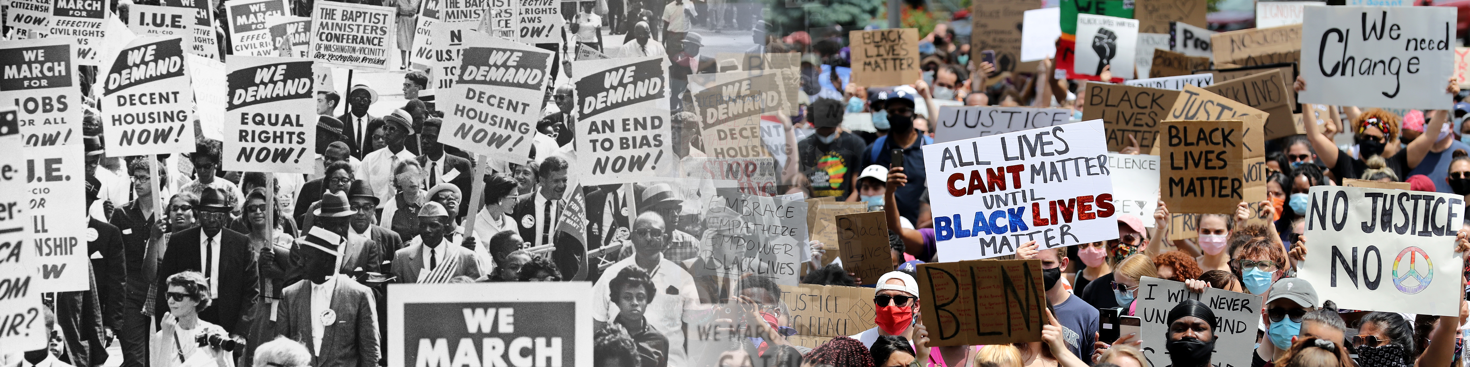 two images blended together, the one on the left in black and white and the other in color, of protests
