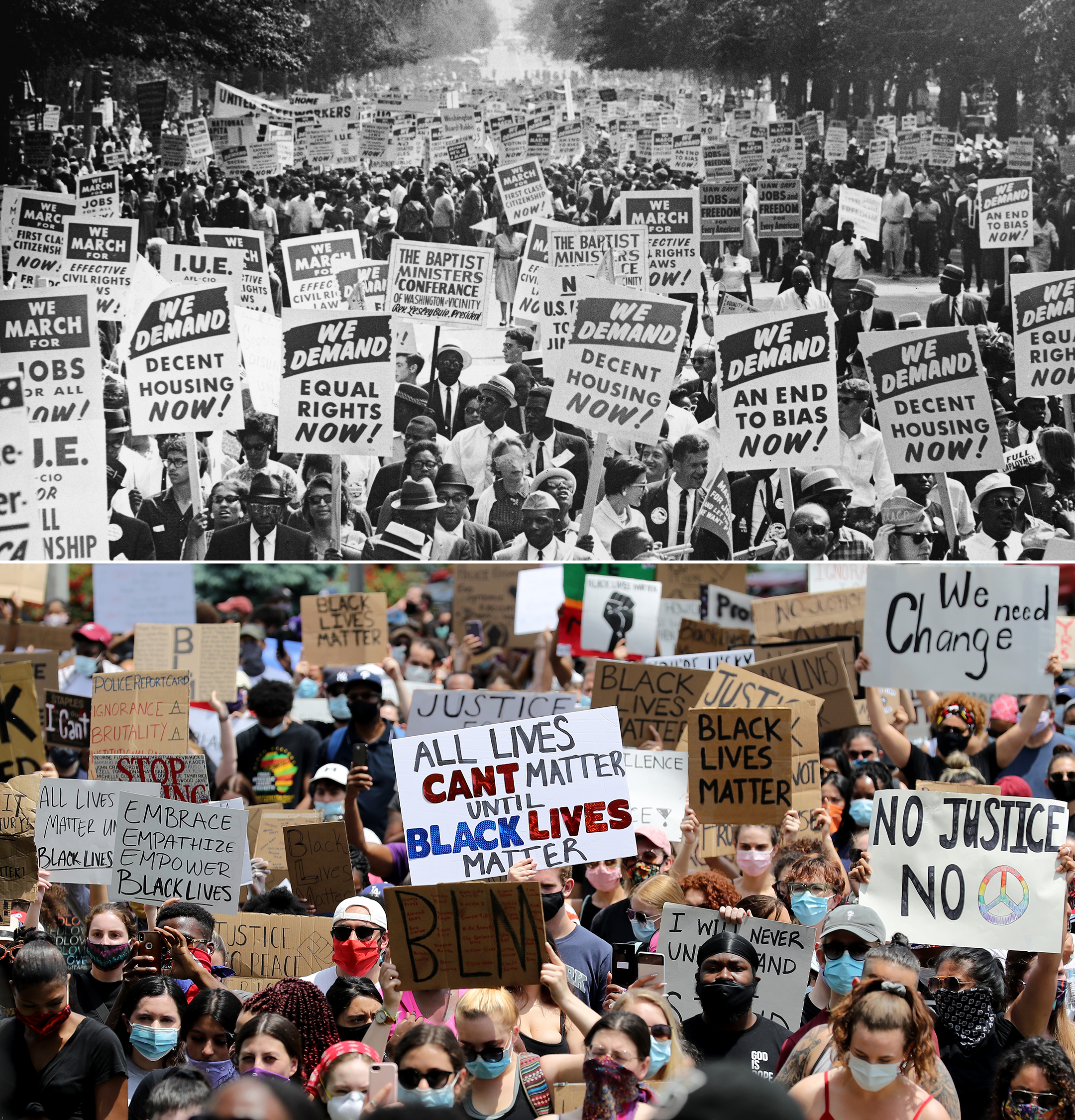 two images stacked, the top in black and white of demonstratorsin 1963 holding signs and the bottom in color of demonstrators in 2020 protesting racial injustice